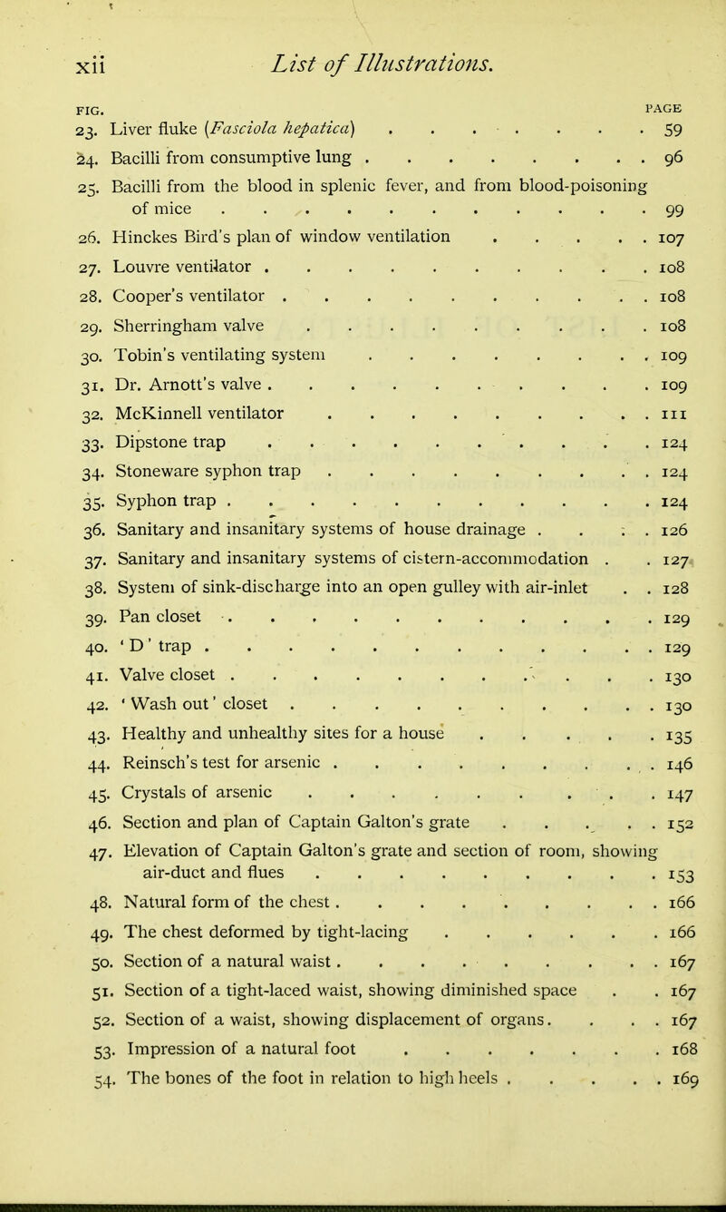 FIG. PAGE 23. Liver fluke {Fasciola hepatica) . . . ■ . . . -59 24. Bacilli from consumptive lung 96 25. Bacilli from the blood in splenic fever, and from blood-poisoning of mice ........... 99 26. Hinckes Bird's plan of window ventilation . . . . . 107 27. Louvre ventilator 108 28. Cooper's ventilator . 108 29. Sherringham valve ......... 108 30. Tobin's ventilating system 109 31. Dr. Arnott's valve . . . 109 32. McKinnell ventilator m 33. Dipstone trap . . . . . . . . . . 124 34. Stoneware syphon trap ' . 124 35. Syphon trap 124 36. Sanitary and insanitary systems of house drainage . . : . 126 37. Sanitary and insanitary systems of cistern-accommodation . . 127 38. System of sink-discharge into an open gulley with air-inlet . . 128 39. Pan closet 129 40. ' D' trap .129 41. Valve closet . . . . . . . . . . 130 42. ' Wash out' closet . 130 43. Healthy and unhealthy sites for a house . . . . .135 44. Reinsch's test for arsenic . . , . . . . . . 146 45. Crystals of arsenic . .147 46. Section and plan of Captain Galton's grate . . . . . 152 47. Elevation of Captain Galton's grate and section of room, showing air-duct and flues 153 48. Natural form of the chest . 166 49. The chest deformed by tight-lacing 166 50. Section of a natural waist. . . . ■ 167 51. Section of a tight-laced waist, showing diminished space . . 167 52. Section of a waist, showing displacement of organs. . . . 167 53. Impression of a natural foot 168 54. The bones of the foot in relation to high heels 169