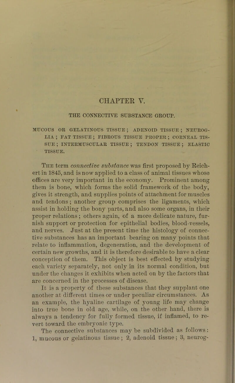 THE CONNECTIVE SUBSTANCE GROUP. MUCOUS OR GELATINOUS TISSUE ; ADENOID TISSUE ; NEUROG- LIA ; FAT TISSUE ; FIBROUS TISSUE PROPER ; CORNEAL TIS- SUE ; INTERMUSCULAR TISSUE ; TENDON TISSUE ; ELASTIC TISSUE. Tiie term connective substance was first proposed by Reich- ert in 1845, and is now applied to a class of animal tissues whose offices are very important in the economy. Prominent among them is bone, which forms the solid framework of the bodj^, gives it strength, and supplies points of attachment for muscles and tendons; another group comprises the ligaments, which assist in holding the bony parts, and also some organs, in their proper relations ; others again, of a more delicate nature, fur- nish support or protection for epithelial bodies, blood-vessels, and nerves. Just at the present time the histology of connec- tive substances has an important bearing on many points that relate to inflammation, degeneration, and the development of certain new growths, and it is therefore desirable to have a clear conception of them. This object is best effected by studying each variety separately, not only in its normal condition, but under the changes it exhibits when acted on by the factors that are concerned in the processes of disease. It is a property of these substances that they supplant one another at different times or under peculiar circumstances. As an example, the hyaline cartilage of young life may change into true bone in old age, while, on the other hand, there is always a tendency for fully formed tissue, if inflamed, to re- vert toward the embryonic type. The connective substances maj' be subdivided as follows: