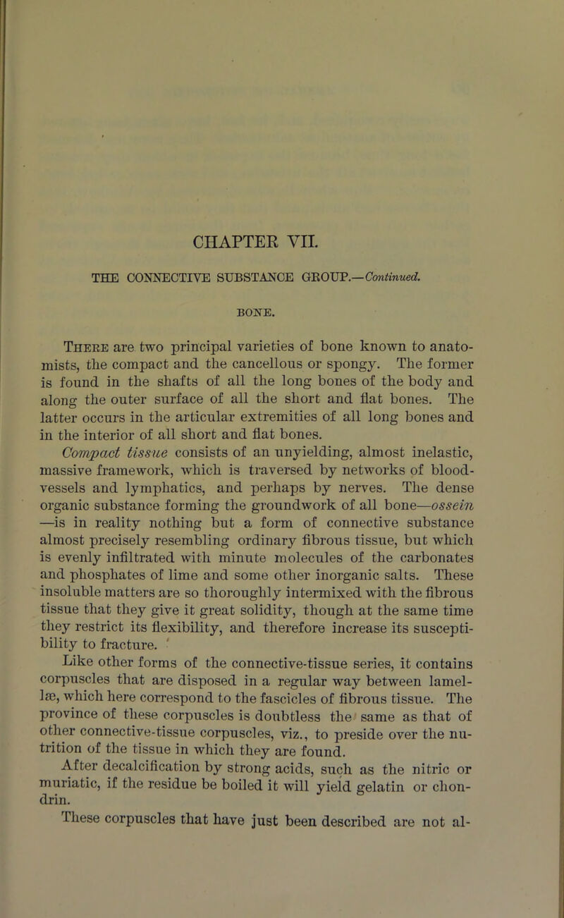 CHAPTER VII. THE CONNECTIVE SUBSTANCE GROUP.—Continued. BONE. There are two principal varieties of bone known to anato- mists, the compact and the cancellous or spongy. The former is found in the shafts of all the long bones of the body and along the outer surface of all the short and fiat bones. The latter occurs in the articular extremities of all long bones and in the interior of all short and flat bones. Compact tissue consists of an unyielding, almost inelastic, massive framework, which is traversed by networks of blood- vessels and lymphatics, and perhaps by nerves. The dense organic substance forming the groundwork of all bone—ossein —is in reality nothing but a form of connective substance almost precisely resembling ordinary fibrous tissue, but which is evenly infiltrated with minute molecules of the carbonates and phosphates of lime and some other inorganic salts. These insoluble matters are so thoroughly intermixed with the fibrous tissue that they give it great solidity, though at the same time they restrict its flexibility, and therefore increase its suscepti- bility to fracture. Like other forms of the connective-tissue series, it contains corpuscles that are disposed in a regular way between lamel- Ise, which here correspond to the fascicles of fibrous tissue. The province of these corpuscles is doubtless the same as that of other connective-tissue corpuscles, viz., to preside over the nu- trition of the tissue in which they are found. After decalcification by strong acids, such as the nitric or muriatic, if the residue be boiled it will yield gelatin or chon- drin. these corpuscles that have just been described are not al-