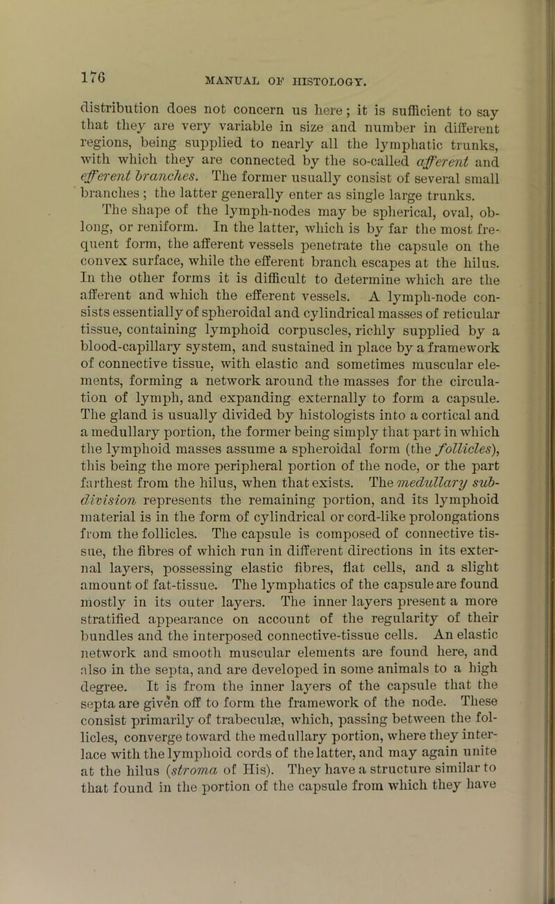 distribution does not concern us here; it is sufficient to say that they are very variable in size and number in different regions, being supplied to nearly all the lymphatic trunks, with which they are connected by the so-called afferent and efferent branches. The former usually consist of several small branches ; the latter generally enter as single large trunks. The shape of the lymph-nodes may be spherical, oval, ob- long, or reniform. In the latter, which is by far the most fre- quent form, the afferent vessels penetrate the capsule on the convex surface, while the efferent branch escapes at the liilus. In the other forms it is difficult to determine which are the afferent and which the efferent vessels. A lymph-node con- sists essentially of spheroidal and cylindrical masses of reticular tissue, containing lymphoid corpuscles, richly supplied by a blood-capillary system, and sustained in place by a framework of connective tissue, with elastic and sometimes muscular ele- ments, forming a network around the masses for the circula- tion of lymph, and expanding externally to form a capsule. The gland is usually divided by histologists into a cortical and a medullary portion, the former being simply that part in which the lymphoid masses assume a spheroidal form (the follicles), this being the more peripheral portion of the node, or the part farthest from the hilus, when that exists. The medullary sub- division represents the remaining portion, and its lymphoid material is in the form of cylindrical or cord-like prolongations from the follicles. The capsule is composed of connective tis- sue, the fibres of which run in different directions in its exter- nal layers, possessing elastic fibres, flat cells, and a slight amount of fat-tissue. The lymphatics of the capsule are found mostly in its outer layers. The inner layers present a more stratified appearance on account of the regularity of their bundles and the interposed connective-tissue cells. An elastic network and smooth muscular elements are found here, and also in the septa, and are developed in some animals to a high degree. It is from the inner layers of the capsule that the septa are given off to form the framework of the node. These consist primarily of trabeculae, which, passing between the fol- licles, converge toward the medullary portion, where they inter- lace with the lymphoid cords of the latter, and may again unite at the hilus (stroma of His). They have a structure similar to that found in the portion of the capsule from which they have