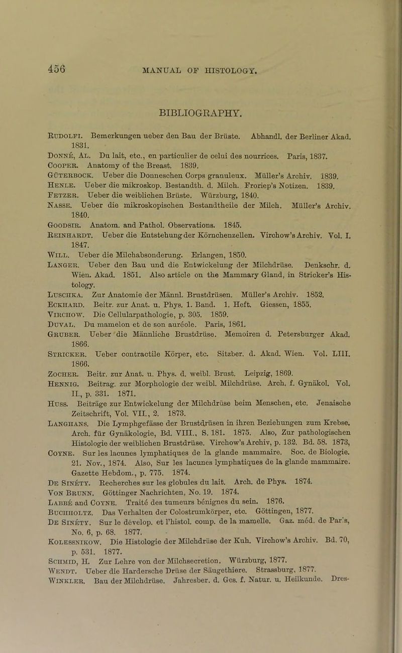 BIBLIOGRAPHY. Rudolfi. Bemerkungen ueber den Bau der Briiste. AbhandL der Berliner Akad. 1831. Donne, Al. Du lait, etc., en particular de celui des nourrices. Paris, 1837. Coofeu. Anatomy of the Breast. 1839. Guterbock. Ueber die Donneschen Corps granuleux. Muller’s Archiv. 1839. Henle. Ueber die mikroskop. Bestandth. d. Milch. Froriep’s Notizen. 1839. Fetzer. Ueber die weiblichen Briiste. Wurzburg, 1840. Nasse. Ueber die mikroskopischen Bestandtheile der Milch. Muller’s Archiv. 1840. Goodsir. Anatom, and Pathol. Observations. 1845. Reinhardt. Ueber die Entstehung der Kornchenzellen. Virchow’s Archiv. Vol. I. 1847. Will. Ueber die Milchabsonderung. Erlangen, 1850. Danger. Ueber den Bau nnd die Entwickelung der Milchdriise. Denkschr. d. Wien. Akad. 1851. Also article on the Mammary Gland, in Strieker’s His- tology. Luschka. Zur Anatomie der Mannl. Brustdriisen. Muller’s Archiv. 1852. Eckhard. Beitr. zur Anat. u. Phys. 1. Band. 1. Heft. Giessen, 1855. Virchow. Die Cellularpathologie, p. 305. 1859. Duval. Du mamelon et de son aureole. Paris, 1801. Gruber. Ueber die Mannliche Brustdriise. Memoiren d. Petersburger Akad. 1866. Stricker. Ueber contractile Korper, etc. Sitzber. d. Akad. Wien. Vol. Dili. 1866. Zocher. Beitr. zur Anat. u. Phys. d. weibl. Brust. Leipzig, 1869. Hennig. Beitrag. zur Morphologie der weibl. Milchdriise. Arch. f. Gyniikol. Vol. II., p. 331. 1871. Huss. Beitrage zur Entwickelung der Milchdriise beim Menschen, etc. Jenaische Zeitschrift, Vol. VII., 2. 1873. Langhans. Die Lymphgefiisse der Brustdriisen in ihren Beziehungen zum Krebse. Arch, fur Gyniikologie, Bd. VIII., S. 181. 1875. Also, Zur pathologischen Histologie der weiblichen Brustdriise. Virchow’s Archiv, p. 132. Bd. 58. 1873, Coyne. Sur les lacunes lymphatiques de la glande mammaire. Soc. de Biologie. 21. Nov., 1874. Also, Sur les lacunes lymphatiques de la glande mammaire. Gazette Hebdom., p. 775. 1874. De Sinety. Recherches sur les globules du lait. Arch, de Phys. 1874. Von Brunn. Gottinger Nachrichten, No. 19. 1874. Labbe and Coyne. Traite des tumeurs benignes du sein. 1876. BucnnOLTZ. Das Verhalten der Colostrumkorper, etc. Gottingen, 1877. De Sinety. Sur le dbvelop. et l’histol. comp, de la mamelle. Gaz. med. de Par s, No. 6, p. 68. 1877. Kolessnikow. Die Histologie der Milchdriise der Kuh. Virchow’s Archiv. Bd. 70, p. 531. 1877. SCHMID, II. Zur Lehre von der Milchsecretion. Wurzburg, 1877. Wendt. Ueber die Ilardersche Driise der Siiugethiere. Strassburg, 18/7. Winkler. Bau der Milchdriise. Jahresber. d. Ges. f. Natur. u. Heilkunde. Dres-