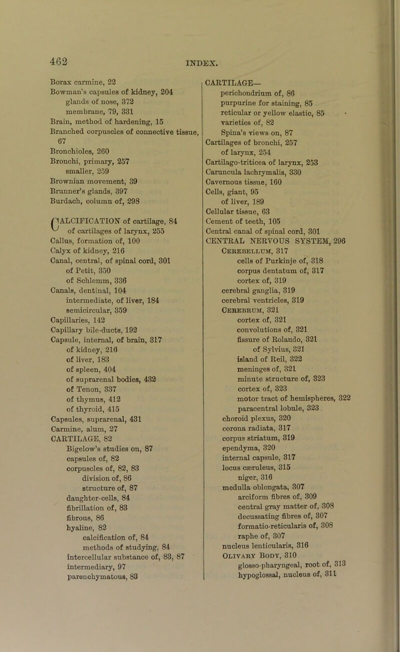 Borax carmine, 22 Bowman's capsules of kidney, 204 glands of nose, 372 membrane, 79, 331 Brain, method of hardening, 15 Branched corpuscles of connective tissue, 67 Bronchioles, 260 Bronchi, primary, 257 smaller. 259 Brownian movement, 39 Brunner’s glands, 397 Burdach, column of, 298 /'CALCIFICATION of cartilage, 84 of cartilages of larynx, 255 Callus, formation of, 100 Calyx of kidney, 216 Canal, central, of spinal cord, 301 of Petit, 350 of Schlemm, 336 Canals, dentinal, 104 intermediate, of liver, 184 semicircular, 359 Capillaries, 142 Capillary bile-ducts, 192 Capsule, internal, of brain, 317 of kidney, 210 of liver, 183 of spleen, 404 of suprarenal bodies, 432 of Tenon, 337 of thymus, 412 of thyroid, 415 Capsules, suprarenal, 431 Carmine, alum, 27 CARTILAGE, 82 Bigelow’s studies on, 87 capsules of, 82 corpuscles of, 82, 83 division of, 86 structure of, 87 daughter-cells, 84 fibrillation of, 83 fibrous, 86 hyaline, 82 calcification of, 84 methods of studying, 84 intercellular substance of, 83, 87 intermediary, 97 parenchymatous, 83 CARTILAGE— perichondrium of, 86 purpurine for staining, 85 reticular or yellow elastic, 85 varieties of, 82 Spina’s views on, 87 Cartilages of bronchi, 257 of larynx, 254 Cartilago-triticea of larynx, 253 Caruncula lachrymalis, 330 Cavernous tissue, 160 Cells, giant, 95 of liver, 189 Cellular tissue, 63 Cement of teeth, 105 Central canal of spinal cord, 301 CENTRAL NERVOUS SYSTEM, 296 Cerebellum, 317 cells of Purkinje of, 318 corpus dentatum of, 317 cortex of, 319 cerebral ganglia, 319 cerebral ventricles, 319 Cerebrum, 321 cortex of, 321 convolutions of, 321 fissure of Rolando, 321 of Sylvius, 321 island of Reil, 322 meninges of, 321 minute structure of, 323 cortex of, 323 motor tract of hemispheres, 322 paracentral lobule, 323 choroid plexus, 320 corona radiata, 317 corpus striatum, 319 ependyma, 320 internal capsule, 317 locus caeruleus, 315 niger, 316 medulla oblongata, 307 arciform fibres of, 309 central gray matter of, 308 decussating fibres of, 307 formatio-reticularis of, 308 raphe of, 307 nucleus lenticularis, 316 Olivary Body, 310 glosso-pharyngeal, root of, 313 hypoglossal, nucleus of, 311