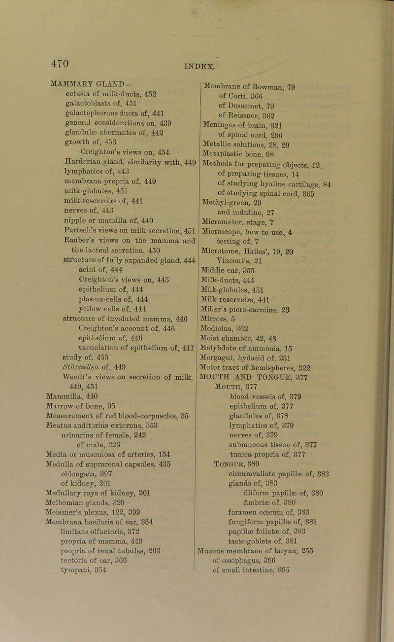 INDEX. MAMMARY GLAND— ectasia of milk-ducts, 452 galactoblasts of, 451 galactophorous ducts of, 441 general considerations on, 439 glandulae aberrantes of, 442 growth of, 453 Creighton’s views on, 454 Harderian gland, similarity with, 449 lymphatics of, 443 membrana propria of, 449 milk-globules, 451 milk-reservoirs of, 441 nerves of, 443 nipple or mamilla of, 440 Partsch’s views on milk-secretion, 451 Rauber’s views on the mamma and the lacteal secretion, 450 structure of fully expanded gland, 444 acini of, 444 Creighton’s views on, 445 epithelium of, 444 plasma-cells of, 444 yellow cells of, 444 structure of involuted mamma, 446 Creighton’s account of, 446 epithelium of, 446 vacuolation of epithelium of, 447 study of, 455 Stutzzellen of, 449 Wendt’s views on secretion of milk, 449, 451 Mammilla, 440 Marrow of bone, 95 Measurement of red blood-corpuscles, 35 Meatus auditorius extemus, 353 urinarius of female, 242 of male, 226 Media or musculosa of arteries, 154 Medulla of suprarenal capsules, 435 oblongata, 307 of kidney, 201 Medullary rays of kidney, 201 Meibomian glands, 329 Meissner’s plexus, 122, 399 Membrana basilaris of ear, 364 limitans olfactoria, 372 propria of mamma, 449 propria of renal tubules, 203 tectoria of ear, 366 tympani, 354 Membrane of Bowman, 79 of Corti, 366 of Descemet, 79 of Reissner, 362 Meninges of brain, 321 of spinal cord, 296 Metallic solutions, 28, 29 Metaplastic bone, 98 Methods for preparing objects, 12. of preparing tissues, 14 of studying hyaline cartilage, 84 of studying spinal cord, 305 Methyl-green, 29 and induline, 27 Micrometer, stage, 7 Microscope, how to use, 4 testing of, 7 Microtome, Hailes’, 19, 20 Vincent’s, 21 Middle ear, 355 Milk-ducts, 444 Milk-globules, 451 Milk-reservoirs, 441 Miller’s picro-carmine, 23 Mirrors, 5 Modiolus, 362 i Moist chamber, 42, 43 Molybdate of ammonia, 15 Morgagni, hydatid of, 231 Motor tract of hemispheres, 322 MOUTH AND TONGUE, 377 Mouth, 377 blood-vessels of, 379 epithelium of, 377 glandules of, 378 lymphatics of, 379 nerves of, 379 submucous tissue of, 377 tunica propria of, 377 Tongue, 380 circumvallate papillae of, 383 glands of, 383 filiform papillae of, 380 fimbriae of, 380 foramen coecum of, 383 fungiform papillae of, 381 papillae foliatae of, 383 taste-goblets of, 381 Mucous membrane of larynx, 255 of oesophagus, 386 of small intestine, 395