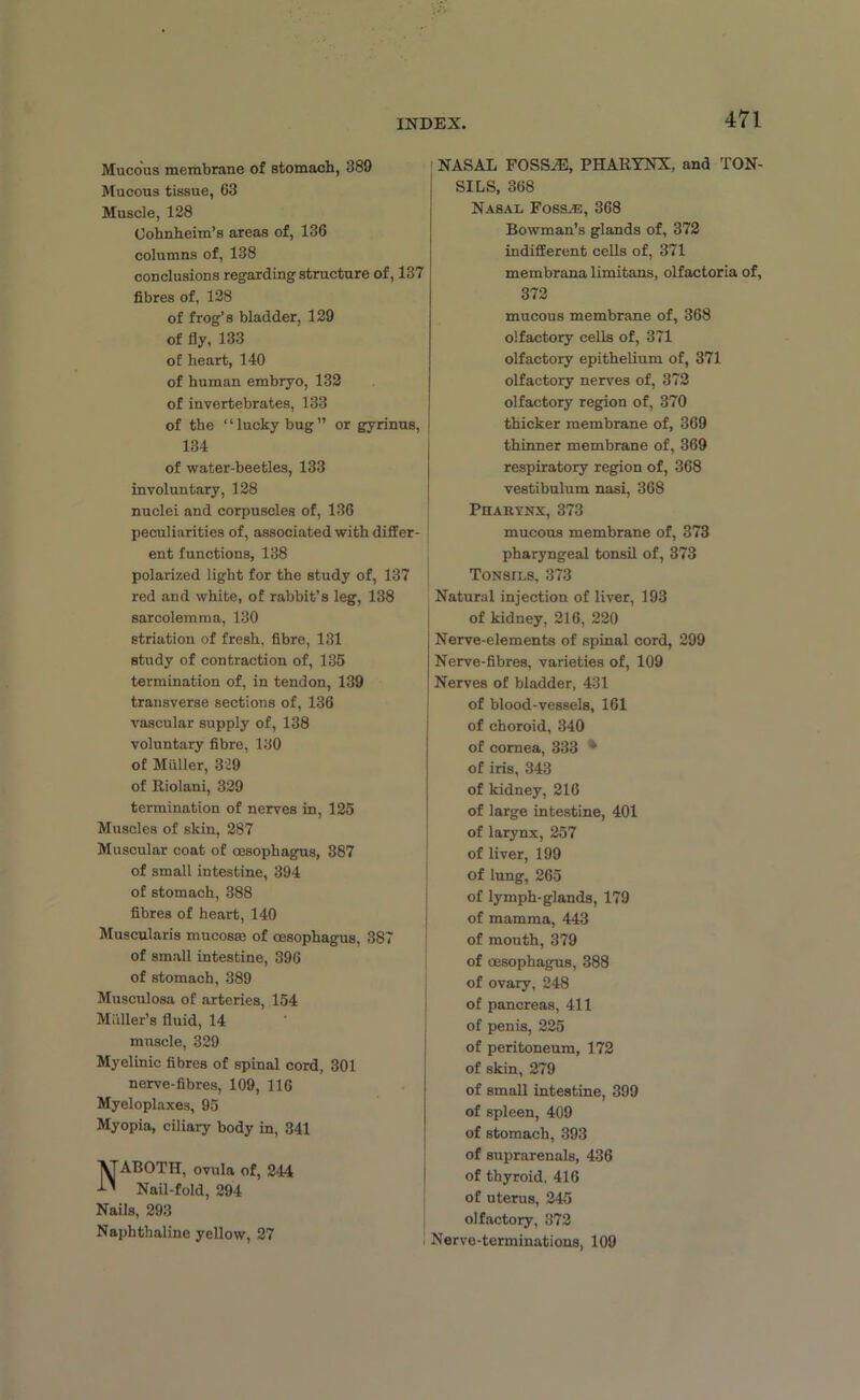 Mucous membrane of stomach, 389 Mucous tissue, 63 Muscle, 128 Oohnheim’s areas of, 136 columns of, 138 conclusions regarding structure of, 137 fibres of, 128 of frog’s bladder, 129 of fly, 133 of heart, 140 of human embryo, 132 of invertebrates, 133 of the “lucky bug” or gyrinus, 134 of water-beetles, 133 involuntary, 128 nuclei and corpuscles of, 136 peculiarities of, associated with differ- ent functions, 138 polarized light for the study of, 137 red and white, of rabbit’s leg, 138 sarcolemma, 130 striation of fresh, fibre, 131 study of contraction of, 135 termination of, in tendon, 139 transverse sections of, 136 vascular supply of, 138 voluntary fibre, 130 of Muller, 329 of Riolani, 329 termination of nerves in, 125 Muscles of skin, 287 Muscular coat of oesophagus, 387 of small intestine, 394 of stomach, 388 fibres of heart, 140 Muscularis mucosa of oesophagus, 387 of small intestine, 396 of stomach, 389 Musculosa of arteries, 154 Miiller’s fluid, 14 muscle, 329 Myelinic fibres of spinal cord, 301 nerve-fibres, 109, 116 Myeloplaxes, 95 Myopia, ciliary body in, 341 Naboth, ovuia of, 244 Nail-fold, 294 Nails, 293 Naphthaline yellow, 27 NASAL FOSSyE, PHARYNX, and TON- SILS, 368 Nasal Foss/E, 368 Bowman’s glands of, 372 indifferent cells of, 371 membrana limitans, olfactoria of, 372 mucous membrane of, 368 olfactory cells of, 371 olfactory epithelium of, 371 olfactory nerves of, 372 olfactory region of, 370 thicker membrane of, 369 thinner membrane of, 369 respiratory region of, 368 vestibulum nasi, 368 Pharynx, 373 mucous membrane of, 373 pharyngeal tonsil of, 373 Tonsils, 373 Natural injection of liver, 193 of kidney, 216, 220 Nerve-elements of spinal cord, 299 Nerve-fibres, varieties of, 109 Nerves of bladder, 431 of blood-vessels, 161 of choroid, 340 of cornea, 333 * of iris, 343 of kidney, 216 of large intestine, 401 of larynx, 257 of liver, 199 of lung, 265 of lymph-glands, 179 of mamma, 443 of mouth, 379 of oesophagus, 388 of ovary, 248 of pancreas, 411 of penis, 225 of peritoneum, 172 of skin, 279 of small intestine, 399 of spleen, 409 of stomach, 393 of suprarenals, 436 of thyroid, 416 of uterus, 245 olfactory, 372 Nerve-terminations, 109