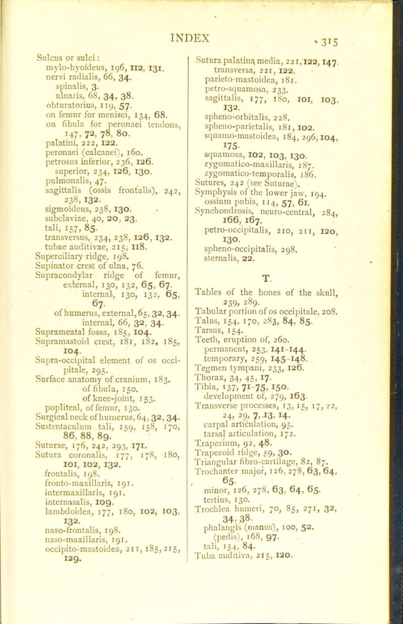 Sulcus or sulci: mylo-hyoideus, 196, 112, 131. nervi radialis, 66, 34. spinalis, 3. ulnaris, 68, 34, 38. obturatorius, 119, 57. on femur for menisci, 134, 68. on fibula for peronaei tendons, 147, 72, 78, 80. palatini, 222, 122. peronaei (calcanei), 160. petrosus inferior, 236, 126. superior, 234, 126, 130. pulmonalis, 47. sagittalis (ossis frontalis), 242, 23S, 132. sigmoideus, 238, 130. subclaviae, 40, 20, 23. tali, 157, 85. transversus, 234, 238, 126, 132. tubae auditivae, 215; 118. Superciliary ridge, 198. Supinator crest of ulna, 76. Supracondylar ridge of femur, external, 130, 132, 65, 67. internal, 130, 132, 65, 67. of humerus, external, 65,32,34. internal, 66, 32, 34. Suprameatal fossa, 1S5, 104. Supramastoid crest, 181, 182, 185, 104. Supra-occipital element of os occi- pitale, 295. Surface anatomy of cranium, 1S3. of fibula, 150. of knee-joint, 153. popliteal, of femur, 130. Surgical neck of humerus, 64, 32, 34. Sustentaculum tali, 139, 158, 170, 86, 88, 89. Suturae, 176, 242, 293, 171. Sutura coronalis, 177, 178, 180, loi, 102, 132. frontalis, 198. fronto-maxillaris, 191. intermaxillaris, 191. internasalis, 109. lambdoidea, 177, 180, 102, 103, 132- naso-frontalis, 198. naso-maxillaris, 191. occipito-mastoidea, 211,185,215, 129. ' 315 Sutura palatinit media, 221,122,147. transversa, 221, 122. parieto-mastoidea, 181. petro-squamosa, 233. sagittalis, 177, iSo, loi, 103, 132. spheno-orbitalis, 228. spheno-parietalis, 181,102. squamo-mastoidea, 184,296,104. 175- squamosa, 102, 103, 130. zygomatico-maxillaris, 187. zygomatico-temporalis, 186. Sutures, 242 (see Suturae). Symphysis of the lower jaw, 194. ossium pubis, 114, 57, 61. Synchondrosis, neuro-central, 284, 166, 167. ^ petro-occipitalis, 210, 211, 120, 130. spheno-occipitalis, 298. stemalis, 22. T. Tables of the bones of the skull, 239. 289- Tabular portion of os occipitale, 20S. Talus, 154, 170, 283, 84, 85. Tarsus, 154. Teeth, eruption of, 260. permanent, 253, 141-144. temporary, 259, 145-148. Tegmen tympani, 233, 126. Thorax, 34, 45, 17. Tibia, 137, 71-75, 150. development ot, 279, 163. Transverse processes, 13, 15, 17, 22, 24, 29, 7.-13.14- carpal articulation, 95. tarsal articulation, 172. Trapezium, 92, 48. Trapezoid ridge, 59, 30. Triangular fibro-cartilage, 82, 87. Trochanter major, 126, 278, 63, 64, minor, 126, 27S, 63, 64, 65. tertius, 130. Trochlea humeri, 70, 85, 271, 32, 34. .38. phalangis (manus), 100, 52. (pedis), 168, 97. tali, 154, 84. Tuba auditiva, 215, 120.