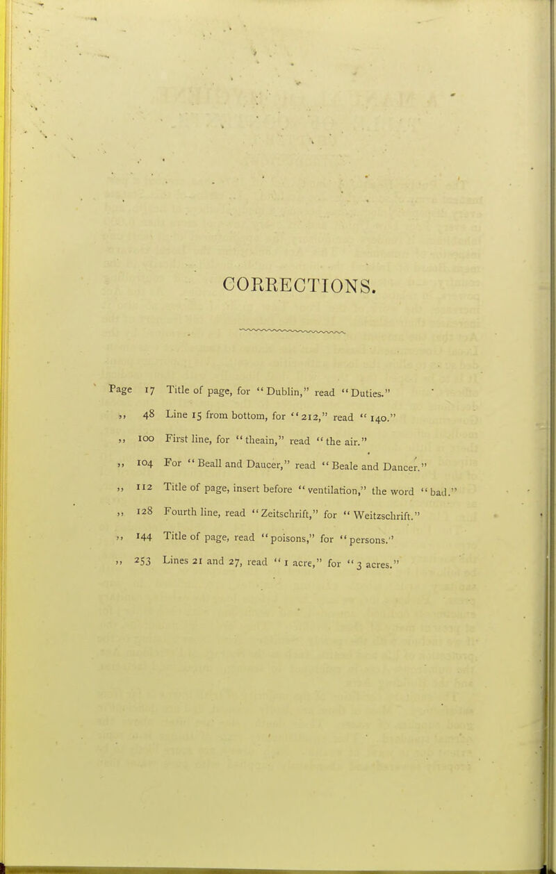 CORRECTIONS. Page 17 Title of page, for Dublin, read Duties. ,, 48 Line 15 from bottom, for 212, read  140. 100 First line, for tlieain, read the air. 104 For Beall and Daucer, read Beale and Dancer. 112 Title of page, insert before  ventilation, the word  bad. ,, 128 Fourth line, read  Zeitschrift, for  Weitzschrift. ,, 144 Title of page, read poisons, for persons.