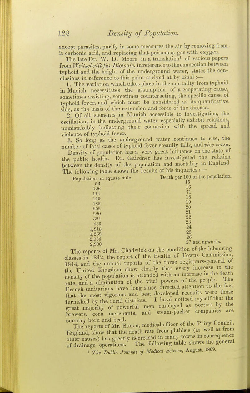 except parasites, purify in some measures the air by removing from it carbonic acid, and replacing that poisonous gas with oxygen. The late Dr. W. D/Moore in a translation^ of various papers from Weitschrift fur Biologic, in reference to the connection between typhoid and the height of the underground water, states the con- clusions in reference to this point arrived at by Buhl:— ], The variation which takes place in the mortality from typhoid in Munich necessitates the assumption of a cooperating cause, sometimes assisting, sometimes counteracting, the specific cause of typhoid fever, and which must be considered as its quantitative side, as the basis of the extension and force of the disease.^ 2'. Of all elements in Munich accessible to investigation, the oscillations in the underground water especially exhibit relations, unmistakably indicating their connexion with the spread and violence of typhoid fever. . • u 3. So long as the underground water continues to rise, the number of fatal cases of typhoid fever steadily falls, and vice versa. Density of population has a very great influence on the state of the public health. Dr. Gairdner has investigated the relation between the density of the population and mortality in England. The following table shows the results of his inquiries :— Population on square mile. Death per 100 of the population. 56 106 15 16 144 71 149 182 202 220 324 485 1,216 1,262 18 19 20 21 22 23 24 25 2 064 o'qnn 27 and upwards. 2,900 The reports of Mr. Chadwick on the condition of the labourmg classes in 1842, the report of the Health of Towns Commission, 1844, and the annual reports of the three registrars-general ot the United Kingdom show clearly that every increase in the density of the population is attended with an increase m he death rate, and a diminution of the vital powers of the people The French sanitarians have long since directed attention to the fuct that the most vigorous and best developed recruits wei-e those furnished by the rural districts. I have noticed myself that he great majority of powerful men employed as porteis by the brewers, corn merchants, and steam-packet companies are country born and bred. ^ , -o • n^,.r,f,;] The reports of Mr. Simon, medical officer of the Privy Council, England, show that the death rate from phthisis (as well as frorn other causes) has greatly decreased in many towns ^^con^^f;^ of drainage operations. The following table shows the general 1 The Dublin Journal of Medical Science, August, 1869.