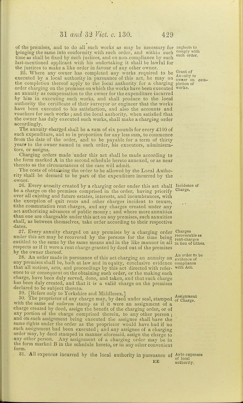 of the premises, aud to do all such works as may be necessary for neglects to bringing the same into conformity with such order, and within such g|J[?jf'^raer'^ time as shall be fixed by Such justices, and on non-compliance by such last-mentioned applicant with his undertaking it shall be lawful for the justices to make a like order in favour of any other owner. 25. Where any owner has completed any works required to be ^Jj™*,^. executed by a local authority in pursuance of this act, he may on o,ner ^n cora- the completion thereof apply to the local authority for a charging pietion of order charging on the premises on which the works have been executed works. an annuity as compensation to the owner for the expenditure incurred by him in executing such works, and shall produce to the local authority the ceniflcate of their surveyor or engineer that the works have been executed to his satisfaction, and also the accounts and vouchers for such works ; and the local authority, when satisfied that the owner has duly executed such works, shall make a-charging order accordingly. The annuity charged shall be a sum of six pounds for every £100 of such expenditure, and so in proportion for any less sum, to commence from the date of the order, aud to be payable for a terra of thirty years to the owner named in such order, his executors, administra- tors, or assigns. Charging orders made under this act shall be made according to the form marked A in the second schedule hereto annexed, or as near thereto as the circumstances of the case will admit. The costs of obtaijiing the order to be allowed by the Local Autho- rity shall be deemed to be part of the expenditure incurred by the owner. 26. Every annuity created by a charging order under this act shall Incidence of be a charge on the premises comprised in the order, having prioi'ify Charge, over all existing and future estates, interests, and incumbrances, with the exception of quit rents and other charges incident to tenure, tithe commutation rent charges, and any charges created under any act authorizing advances of public money ; and where more annuities than one are chargeable under this act on any premises, such annuities shall, as between themselves, take order according to their respective dates. 27. Every annuity charged on any premises by a charging order Cliarges under this act may be recovered by the persons for the time being rentSr^es^^ entitled to the same by the same means and in the like manner in all m lieu of tithes, respects as if it were a rent charge granted by deed out of the premises by the owner thereof. ^^^^^ 28. An order made in pursuance of this act charging an annuity on evidence of * any premises shall be, both at law and in equity, conclusive evidence complianco that all notices, acts, and proceedings by this act directed with refer- with Act. ence to or consequent on the obtaining sueh order, or the making such charge, have been duly served, done, and taken, and that such charge has been duly created, and that it is a valid charge on the premises declared to be subject thereto. 29. [Refers only to Yorkshire and Middlesex.] ^ . 30. The proprietor of any charge may, by deed under seal, stamped o/cha^ge! with the same ad valorem stamp as if it were an assignment of a charge created by deed, assign the benefit of the charging order, or of any portion of the charge comprised therein, to any other person ; and on such assignment being executed the assignee shall have the same rights under the order as the proprietor would have had if no .such assignment had been executed ; and any assignee of a charging order may, by deed stamped in manner aforesaid, assign the charge to any other person. Any assignment of a charging order may be in the form marked B in the schedule hereto, or iu any other convenient form. 31. All expenses incurred by the local authority in pursuance of Asto expenses of local EE authority.