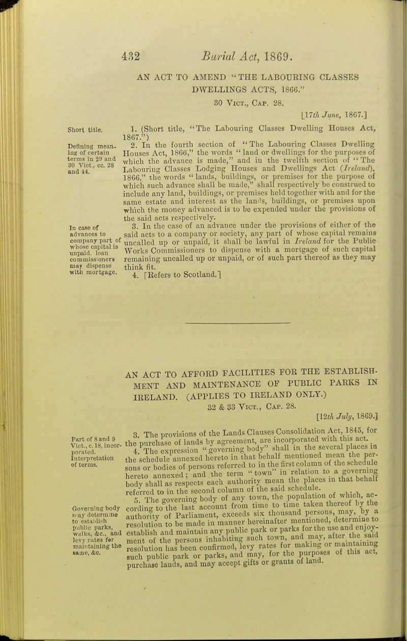 482 Burial Act, 1869. AN ACT TO AMEND THE LABOURING CLASSES DWELLINGS ACTS, 1866. 30 Vict., Cap. 28. \Vlth June, 1867.] Short title. 1. (Short title, The Labouring Classes Dwelling Houses Act, 1867.) Defining mean- 2. In the fourth section of The Labouring Classes Dwelling ing of certain Houses Act, 1866, the words  land or dwellings for the purposes of so^T-^ 28^ which the advance is made, and in the twelfth section of The and 44 ' Labouring Classes Lodging Houses and Dwellings Act {Ireland), 1866, the words lands, buildings, or premises tor the purpose of which such advance shall be made, shall respectively be construed to include any land, buildings, or premises held together with and for the same estate and interest as the lands, buildings, or premises upon which the money advanced is to be expended under the provisions of the said acts respectively. In case of 3- In the case of an advance under the provisions of either of the advances to said acts to a company or society, any part of whose capital remains company part of ^Qgalled up or unpaid, it shall be lawful in Ireland lor tbe Public Mimid.'''loan Works Commissioners to dispense with a mortgage of such capital commissioners remaining uncalled up or unpaid, or of such part thereof as they may may dispense think fit. with mortgage. ^ [Refers to Scotland.] AN ACT TO AFFORD FACILITIES FOR THE ESTABLISH- MENT AND MAINTENANCE OF PUBLIC PARKS IN IRELAND. (APPLIES TO IRELAND ONLY.) 32 & 33 Vict., Cap. 28. [\2th July, 1869.] 3 The provisions of the Lands Clauses Consolidation Act, 1845 for Part of Sand 9 ,„„!,.'„ „{ i„,-,cis bv aoreement, are incorporated with this act. 4 'The xpresstof governing body shall 'in the several places in fnle'Tretatlon the schedule annexed hereto in that behalf mentioned mean the per- ™- sons or bodies of persons referred to in the first column of the schedule hereto annexed; and the term town in relat.on to a governing Jody sl-11 as respects each authority mean the places m that behalf referred to in the second column of the said schedule. 5 The governing body of any town, the population of which, ac- Governinghody cording to'the last%ccoV.t from time to t^^V^^'ons'mt L a „.ay determine authority of Parliament, e.Kceeds six thousand peisons, may, by a ,0 establi^h Sution to be made in manner hereinafter mentioned, determme to rc^nd I'^TZ maintain any public park or pavks for the -e -^^^^^^^^^^^ levy rktes for nicnt of the persons inhabiting such town, J^'f^^^;?^:'f'^ maintaining the resolution has been confirmed, levy rates for making oi mamtaining such public park or parks, and may, for the purposes of this act, purchase lands, and may accept gifts or grants of land.