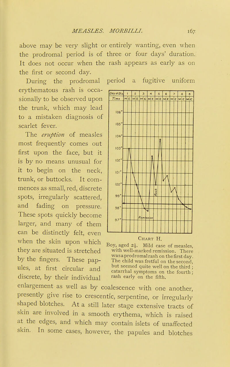 above may be very slight or entirely wanting, even when the prodromal period is of three or four days' duration. It does not occur when the rash appears as early as on the first or second day. During the prodromal period a fugitive uniform erythematous rash is occa- sionally to be observed upon the trunk, which may lead to a mistaken diagnosis of scarlet fever. The eruption of measles most frequently comes out first upon the face, but it is by no means unusual for it to begin on the neck, trunk, or buttocks. It com- mences as small, red, discrete spots, irregularly scattered, and fading on pressure. These spots quickly become larger, and many of them can be distinctly felt, even when the skin upon which R , Cl!^T H' r Boy, aged 2*. Mild case of measles, they are situated is Stretched with well-marked remission. There 1, a tm wasaprodromalrashonthefirstday. by the fingers. These pap- The child was fretful on the second, ules at first rirnilar an^ but seemed quite well on the third ; uies, at nrst CUCUlar and catarrhal symptoms on the fourth; discrete, by their individual rash early on the fifth. enlargement as well as by coalescence with one another, presently give rise to crescentic, serpentine, or irregularly shaped blotches. At a still later stage extensive tracts of skin are involved in a smooth erythema, which is raised at the edges, and which may contain islets of unaffected skin. In some cases, however, the papules and blotches