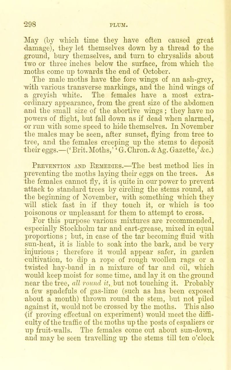 !May (by wbicb time they have often caused great damage), they let themselves down hy a thread to the ground, hui-y themselves, and turn to chrysalids about two or three inches below the smdace, from which the moths come up towards the end of October. The male moths have the fore wings of an ash-grey, with various transverse markings, and the hind wings of a greyish white. The females have a most extra- •ordinary appearance, from the great size of the abdomen and the small size of the abortive wings ; they have no powers of flight, hut fall down as if dead when alarmed, or run with some speed to hide themselves. In November the males may he seen, after sunset, flying from tree to tree, and the females creeping up the stems to deposit then- eggs.—(‘Brit.Moths,’ ‘G.Chron.&Ag. Gazette,’&c.) Prevention and Eemedies.—The best method lies m preventing the moths laying their eggs on the trees. As the females cannot fly, it is quite in our power to prevent attack to standard trees by cmcling the stems round, at the beginning of November, with something which they will stick fast in if they touch it, or which is too poisonous or unpleasant for them to attemjit to cross. For this pui’pose various mixtures are recommended, especially Stockholm tar and cart-grease, mixed in equal lU'oportions ; but, in case of the tar becoming fluid with sun-heat, it is liable to soak into the bark, and be very injurious ; therefore it would appear safer, in garden ■cultivation, to dip a rope of rough woollen rags or a twisted hay-band in a mixture of tar and oil, which would keep moist for some time, and lay it on the ground near the tree, all round it, but not touching it. Probably a few spadefuls of gas-lime (such as has been exposed about a month) thrown round the stem, hut not piled against it, would not be crossed by the moths. This also (if proving effectual on experiment) would meet the diffi- culty of the traffic of the moths up the posts of espaliers or up fruit-walls. The females come out about sun-down, and may be seen travelling up the stems till ten o’clock