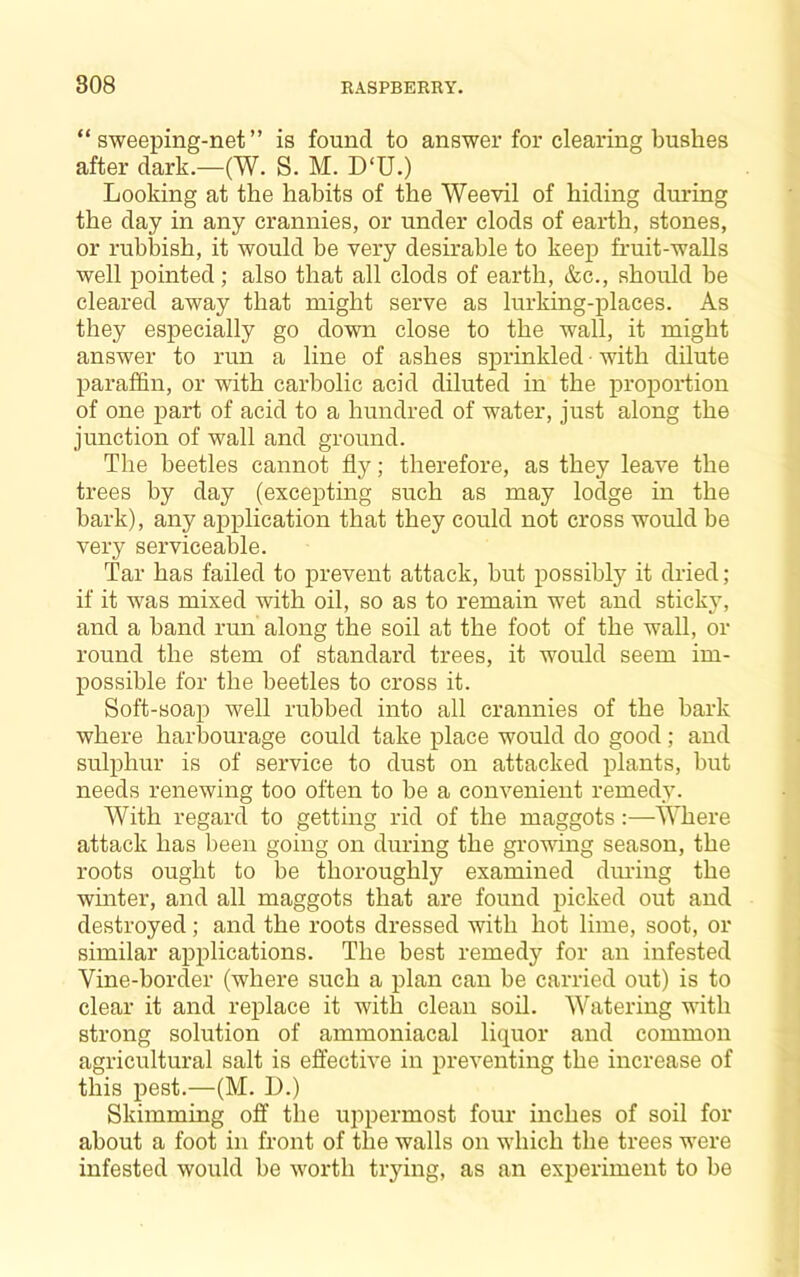 “sweeping-net” is found to answer for clearing bushes after dark.—(W. S. M. D‘U.) Looking at the habits of the Weevil of hiding during the day in any crannies, or under clods of earth, stones, or rubbish, it would be very desirable to keep fi'uit-walls well pointed; also that all clods of earth, &c., should be cleared away that might serve as lurking-places. As they especially go down close to the wall, it might answer to run a line of ashes sprinkled • with dilute paraffin, or with carbolic acid diluted in the proportion of one part of acid to a hundred of water, just along the junction of wall and ground. The beetles cannot fly; therefore, as they leave the trees by day (excepting such as may lodge in the bark), any application that they could not cross would be very serviceable. Tar has failed to prevent attack, but possibly it dried; if it was mixed with oil, so as to remain wet and sticky, and a band run along the soil at the foot of the wall, or round the stem of standard trees, it would seem im- possible for the beetles to cross it. Soft-soap well rubbed into all crannies of the bark where harbourage could take place would do good; and sulphur is of service to dust on attacked plants, but needs renewing too often to be a convenient remedy. With regard to getting rid of the maggots:—Where attack has been going on during the growing season, the roots ought to be thoroughly examined dining the winter, and all maggots that are found picked out and destroyed; and the roots dressed with hot lime, soot, or similar applications. The best remedy for an infested Vine-border (where such a plan can be carried out) is to clear it and replace it with clean soil. Watering with strong solution of ammoniacal licpior and common agricultural salt is effective in preventing the increase of this pest.—(M. 1).) Skimming off the uppermost four inches of soil for about a foot in front of the walls on wiiich the trees w^ere infested would be w^orth trying, as an experiment to be