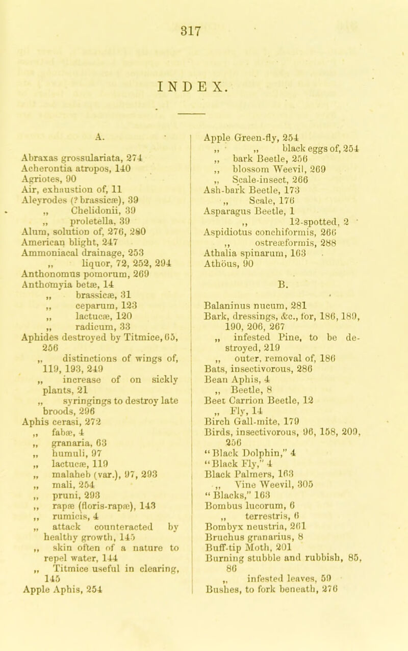 INDEX. A. Abraxas grossulariata, 274 Acherontia atropos, 140 Agriotes, 90 Air, exhaustion of, 11 Aleyrodes (? brassicse), 39 „ Chelidonii, 39 „ proletella, 39 Alum, solution of, 270, 200 American blight, 247 Ammoniacol drainage, 253 „ liquor, 72, 252, 204 Anthonomns pomorum, 269 Anthomyia betas, 14 ,, brassicse, 31 „ ceparum, 123 „ lactucae, 120 „ radicum, 33 Aphides destroyed by Titmice, 05, 256 „ distinctions of wings of, 119, 193, 249 „ increase of on sickly plants, 21 „ syringings to destroy late broods, 296 Aphis cerasi, 272 „ fabfE, 4 „ granaria, 63 „ humuli, 97 „ lactucae, 110 „ malaheb (var.), 97, 293 „ mali, 254 ,, pruni, 293 „ rapae (floris-rapae), 143 ,, rumicis, 4 „ attack counteracted by healthy growth, 145 ,, skin often of a nature to repel water, 144 „ Titmice useful in clearing, 145 Apple Aphis, 254 I Apple Green-fly, 254 „ „ black eggs of, 254 „ bark Beetle, 256 ,, blossom Weevil, 209 „ Scale-insect, 266 I Ash-bark Beetle, 173 „ Scale, 176 Asparagus Beetle, 1 I „ 12-spotted, 2 ■ I Aspidiotus conchiformis, 266 I ,, ostreceforrais, 288 j Athalia spinarum, 103 : Athbus, 90 B. Balaninus nucum, 281 Bark, dressings, &c., for, 186,189, 190, 206, 267 „ infested Pine, to be de- I stroyed, 219 „ outer, removal of, 186 I Bats, insectivorous, 280 Bean Aphis, 4 ' „ Beetle, 8 I Beet Carrion Beetle, 12 .. Fly, 14 Birch Gall-mite, 179 Birds, insectivorous, 96, 158, 209, I 256 ! “ Black Dolphin,” 4 “Black Fly, 4 I Black Palmers, 163 ,, Vine Weevil, 305 “ Blacks,” 103 Bombus lucorum, 0 I „ terrestris, 6 Bombyx neustria, 261 Bruchus granarius, 8 BuflT-tip Moth, 201 ’ Burning stubble and rubbish, 85, I 86 i „ infested leaves, 59 1 Bushes, to fork beneath, 276
