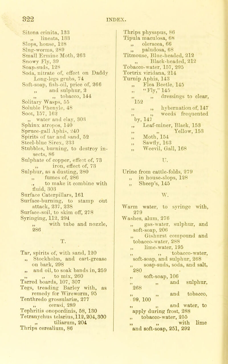 Sitona crinita, 133 „ lineuta, 133 Slops, house, 128 Slug-worms, 289 Small Ermine Moth, 263 Snowy Fly, 39 Soap-suds, 128 Soda, nitrate of, effect on Daddy Long-legs grubs, 74 Soft-soap, fish-oil, price of, 266 ,, and sulphur, 2 ,, ,, tobacco, 144 Solitary Wasps, 55 Soluble Phenyle, 48 Soot, 157, 162 „ water and clay, 303 Sphinx atropos, 140 Spruce-gall Aphis, 240 Spirits of tar and sand, 52 Steel-blue Sirex, 233 Stubbles, burning, to destroy in- sects, 86 Sulphate of copper, effect of, 73 ,, iron, effect of, 73 Sulphur, as a dusting, 280 ,, fumes of, 286 ,, to make it combine with fluid, 303 Surface Caterpillars, 161 Surface-burning, to stamp out attack, 237, 238 Surface-soil, to skim off, 278 Syringing, 112, 294 „ with tube and nozzle, 286 T. Tar, spirits of, with sand, 120 „ Stockholm, and cart-grease on bark, 298 „ and oil, to soak bands in, 259 ,, „ to mix, 260 Tarred boards, 107, 307 Tegs, treading Barley with, as remedy for Wireworm, 95 Tenthredo grossularise, 277 „ cerasi, 289 Tephritis onopordinis, 58, 130 Tetranychus telarius, 112,204,300 „ tiliarum, 204 Thrips cerealium, 86 Thrips physnpus, 80 Tipula maculosa, 68 ,, oleracea, 66 ,, paludosa, 68 Titmouse, Blue-headed, 212 „ Black-headed, 212 Tobacco-water, 157, 295 Tortrix viridana, 214 Turnip Aphis, 143 „ Flea Beetle, 145 „ “Fly,” 145 „ ,, dressings to clear, 152 ,, ,, hybernation of, 147 „ ,, weeds frequented by, 147 ,, Leaf-miner, Black, 153 ,, „ YeUow, 153 „ Moth, 154 ,, Sawfly, 163 ,, Weevil, Gall, 168 r. Urine from cattle-folds, 279 „ in house-slops, 128 „ Sheep’s, 145 M'. Warm water, to svringe wdth, 279 M'^ashes, alum, 276 „ gas-water, sulphur, and soft-soap, 206 „ Gishnrst compound and tobacco-water, 288 ,, lime-water, 195 ,, ,, tobacco-water, soft-soap, and sulpliur, 268 „ soap-suds, soda, and salt, 280 „ soft-soap, 106 „ „ and sulphur, 268 „ „ and tobacco, 99, 100 „ „ and water, to apply during frost, 288 „ tobacco-water, 255 ,, „ with lime and soft-soap, 251, 292