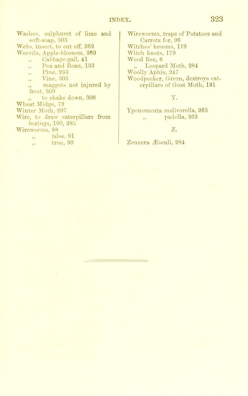 Washes, sulphuret of lime and soft-soap, •‘103 Webs, insect, to cut off, 262 Weevils, ,‘Vpple-hlossom, 269 „ Cabbafte-prall, 41 „ Pea and Bean, 133 „ l*ine, 233 „ Vine, 305 ,, maggots not injured by frost, 309 „ to shake down, 306 Wheat Midge, 79 Winter Moth, 297 Wire, to draw catei'pillars from borings, 190, 283 Wireworms, 88 ,, false, 91 ,, true, 90 Wireworms, traps of Potatoes and Carrots for, 90 Witches’ brooms, 179 Witch knots, 179 Wood Bee, 6 „ Leopard Moth, 284 AVoolly Aphis, 247 Woodpecker, Green, destroys cat- erpillars of Goat Moth, 191 Y. Yponomeuta malivorella, 265 ,, paclella, 263 Z, Zeuzera ^Esculi, 284
