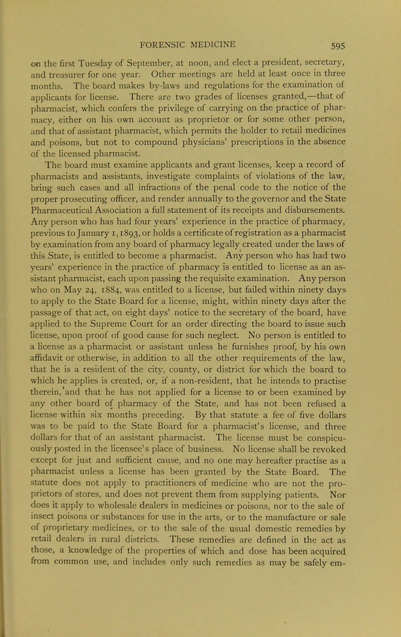 on the first Tuesday of September, at noon, and elect a president, secretary, and treasurer for one year. Other meetings are held at least once in three months. The board makes by-laws and regulations for the examination of applicants for license. There are two grades of licenses granted,—that of pharmacist, which confers the privilege of carrying on the practice of phar- macy, either on his own account as proprietor or for some other person, and that of assistant pharmacist, which permits the holder to retail medicines and poisons, but not to compound physicians' prescriptions in the absence of the licensed pharmacist. The board must examine applicants and grant licenses, keep a record of pharmacists and assistants, investigate complaints of violations of the law, bring such cases and all infractions of the penal code to the notice of the proper prosecuting officer, and render annually to the governor and the State Pharmaceutical Association a full statement of its receipts and disbursements. Any person who has had four years' experience in the practice of pharmacy, previous to January i, 1893, or holds a certificate of registration as a pharmacist by examination from any board of pharmacy legally created under the laws of this State, is entitled to become a pharmacist. Any person who has had two years' experience in the practice of pharmacy is entitled to license as an as- sistant pharmacist, each upon passing the requisite examination. Any person who on May 24, 1884, was entitled to a license, but failed within ninety days to apply to the State Board for a license, might, within ninety days after the passage of that act, on eight days' notice to the secretary of the board, have applied to the Supreme Court for an order directing the board to issue such license, upon proof of good cause for such neglect. No person is entitled to a license as a pharmacist or assistant unless he furnishes proof, by his own affidavit or otherwise, in addition to all the other requirements of the law, that he is a resident of the city, county, or district for which the board to which he applies is created, or, if a non-resident, that he intends to practise therein,'and that he has not applied for a license to or been examined by any other board of pharmacy of the State, and has not been refused a license within six months preceding. By that statute a fee of five dollars was to be paid to the State Board for a pharmacist's license, and three dollars for that of an assistant pharmacist. The license must be conspicu- ously posted in the licensee's place of business. No license shall be revoked except for just and sufficient cause, and no one may hereafter practise as a pharmacist unless a license has been granted by the State Board. The statute does not apply to practitioners of medicine who are not the pro- prietors of stores, and does not prevent them from supplying patients. Nor does it apply to wholesale dealers in medicines or poisons, nor to the sale of insect poisons or substances for use in the arts, or to the manufacture or sale of proprietary medicines, or to the sale of the usual domestic remedies by retail dealers in rural districts. These remedies are defined in the act as those, a knowledge of the properties of which and dose has been acquired from common use, and includes only such remedies as may be safely em-