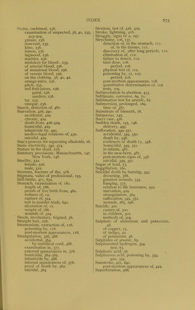 Stains, cochineal, 236. examination of suspected, 38, 40, 235, 503-504. jjrease, 236. iron-rust, 235. kino, 236. lemon, 236. logwood, 236. madder, 236. mistaken for blood-, 235. of arterial blood, 256. of menstrual blood, 256. of venous blood, 256. on the clothing, 38, 40, 42. orange-juice, 236. pitch, 235. red fruit-juices, 236. paint, 236. Sanders, 236. tar, 235. vinegar, 236. Starch, detection of, 481. Starvation, 426, 490. accidental, 429. chronic, 429. death from, 426-429. homicidal, 429. infanticide by, 490. medico-legal relations of, 430. suicidal, 429. Stas's process for separating alkaloids, 26. Static electricity, 392, 474. Stature in the dead, 216. Statutory provisions, Massachusetts, 147. New York, 148. Sterility, 522. female, 526. male, 522. Sternum, fracture of the, 318. Stigmata, value of professional, 193. Still-births, 471, 652. Stomach, examination of, 180. length of, 186. proofs of live birth from, 480. redness of, 12, rupture of, 324. test in murder trials, 640. ulceration of, 12. weight of, 186. wounds of, 324. Stools, involuntary, feigned, 56. Straight hair, 226. Stramonium, extraction of, 116. poisoning by, 116. post-mortem appearances, 116. Strangulation, 356, 488. accidental, 364. by umbilical cord, 488. exammation in, 377. external appearances in, 378. homicidal, 364-365. infanticide by, 488. internal appearances of, 378. proof of death by, 362. suicidal, 364. Stratton, fast of, 426, 429. Stroke, lightning, 416. Struggle, signs of a, 297. Strychnine, 106, 137. detection of, in the stomach, iii. of, in the tissues, 111. discovery of, after long periods, 112. elimination of, 112. failure to detect, 112. fatal dose, 108. period, 108. physical test of, 112. poisoning by, 17, 107. period, 108. post-mortem appearances, 108. quantitative determination of, 112. tests, 109. Subinvolution in abortion, 453. Sublimate, corrosive, 69, 70. Sublimation test for arsenic, 62 Submersion, prolonged, 169. time of, 387. Subnitrate of bismuth, 76. Subpoenas, 145. Succi case, 426. Sudden death, 145, 146. delivery, 495. Suffocation, 349-351. accidental, 349, 350. death by, 346. evidences of death by, 348. homicidal, 349, 351. in infants, 487. in the new-born, 487. post-mortem signs of, 348. suicidal, 349, 351. Sugar of lead, 73. Suggillation, 160. Suicidal death by burning, 343. drowning, 388. gunshot wounds, 335. hanging, 375. relation to life insurance, 592. starvation, 429. strangulation, 364. suffocation, 349, 351. wounds, 285, 298. Suicide, 300. causes of, 300. in children, 302. methods of, 304. Sulphate of aluminum and potassium, 48. of copper, 74. of indigo, 42. of potassium, 48. Sulphides of arsenic, 65 Sulphuretted hydrogen, 354. test, 63. Sulphuric acid, 36. , Sulphurous acid, poisoning by, 354. pas, 354. Sunstroke, 421, 640. post-mortem appearances of, 422. Superfoetation, 568.