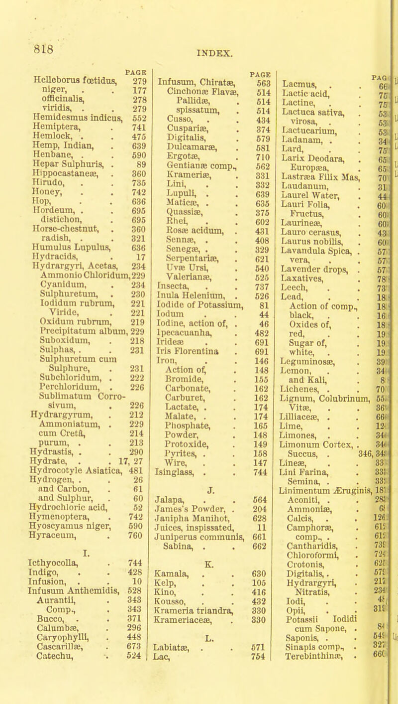 INDEX. PAGE Helleborus foetidus, 279 niger, . . 177 officinalis, 278 viridis, . . 279 Hemidesmus indicus, 552 Hemiptera, . 741 Hemlock, . . 475 Hemp, Indian, . 639 Henbane, . . 590 Hepar Sulphuris, . 89 Hippocastanese, . 360 Hirudo, . . 735 Honey, . . 742 Hop, . . 636 Hordeum, . . 695 distichon, . 695 Horse-chestnut, . 360 radish, . . 321 Humulus Lupulus, 636 Hydracids, . 17 Hydrargyri, Acetas, 234 AmmonioChloridum,229 Cyanidum, . 234 Sulphuretum, . 230 Iodidum rubrum, 221 Viride, . 221 Oxidum rubrnm, 219 Precipitatum album, 229 Suboxidum, . 218 Sulphas, . . 231 Sulphuretum cum Sulphure, . 231 Subchloridum, . 222 Perchloridum, . 226 Sublimatum Corro- sivum, . 226 Hydrargyrum, . 212 Ammoniatum, . 229 cum Creta, 214 purum, . . 213 Hydrastis, . . 290 Hydrate, . . 17, 27 Hydrocotyle Asiatica, 481 Hydrogen, . . 26 and Carbon, . 61 and Sulphur, . 60 Hydrochloric acid, 52 Hymenoptera, . 742 Hyoscyamus niger, 590 Hyraceum, . 760 I. Icthyocolla, . 744 Indigo, . . 428 Infusion, . . 10 Infusum Anthemidis, 528 Aurantii, . 343 Comp., . 343 Bucco, . . 371 Calumbte, . 296 Caryophylli, . 448 Cascarilla?, . 673 Catechu, . 524 PAGE X 111 UOlUlli 111 I tl Lcti- ICQ Obo Cinchonse Flavas, K1 A 014 I'-illiil-p £ 1 A 014 BLJlSSclL L1II1, « 514 fInR>*n V110OU, ■ ^ A*H 4o4 flu q 7'i qt» v 11 a j 'ti 1 1 <_t.5 a 374 Digitalis, 17Q KOI ool \J 1 1 L llU 1 11 t I.} J 11 N ^ 71 A 0O£ TC T'rtTTl PIT VP i\ 1 a 1111.1 ice, « ool Lini ool [-.tipuli, . AT n tipjp DOO QUQSSiSB Old Rhei, '. I'iioii 'i (■ i 1 i 11 in ivuott iitn.iuin, , AQ1 4dl XpTlTlfW O CI 111 iJC, • a 4U0 olM SerpentariEe, COl (»_ I TTvjp ITrsi \J * <^ V—' 1 01* q 04U v uivrittiictia a Tn sppfn 1 •! 31 1 lil, t , lot I Till In T-Tol imimn 111U1U> ITclcIUUJIl, ■ Tnflifffi r\f PnfaGoiiim luunit ill ATUlUBoIUIIl, Q1 1UUU1I1 . , AA 44 nnillU , ill l 1UII 01, ■ 1 nppfl.Pi! n n lin a a 4b to* Trirtpn? X1 lUvcTJ a a 11 IS I IOI I Ill J 11.* . oyi IrOn, , a 146 Aptinn of jY< 1 1UII UI, a 1 AQ 14o lfl UII11UC, • 100 CH.rhnnat'.p '(11 ('' '1 1 • l i 1 , a 162 fJurhiirpt VUA U IX 1 t*L, a 162 Lactate, . 174 Malate, . 174 Phosphate, . 165 Powder, 148 Protoxide, 149 Pyrites, . 158 Wire, 147 Isinglass, . 744 J. Jalapa, . . 564 James's Powder, . 204 Janipha Manihot, 628 Juices, inspissated, 11 Juniperus communis, 661 Sabina, . . 662 K. Crotonis, Digitalis,. Kamala, 630 Kelp, 105 Hydrargyri, Kino, 416 Nitratis, Kousso, 432 Iodi, Krameria triandra, 330 Opii, Krameriacese, 330 Potassii Iodidi cum Sapone, . L. Saponis, . Labiatas, . 671 Sinapis comp, . Lac, 754 Terebinthina?, . Lacmus, Lactic acid, Lactine, Lactuca sativa, virosa, Lactucarium, Ladanam, . Lard, Larix Deodara, Europa^a, Lastra;a Filix Mas Laudanum, Laurel Water, Lauri Folia, Fructus, Laurinea?, Lauro cerasus, Laurus nobilis, Lavandula Spica, vera, Lavender drops, Laxatives, Leech, Lead, Action of comp black, Oxides of, red, Sugar of, white, Leguminosse, Lemon, and Kali, Lichenes, . Lignum, Colubrinum, Vita;, Lilliacea?, . Lime, Limones, Limonum Cortex, Succus, . Lineae, Lini Farina, Semina, . Linimentum -lErug Aconiti, . Ammonia?, Calcis, CamphoriB, comp, . Cantharidis. Chloroforml, PAG 66 75 75 53. 63. 63. 34 75 65 65V 70 311 44 60 60 60. 43 60 57i 57. 57.: 78 73 18 18 16 18 19 19 19 39 34 8 70 55 36' 66. 12. 34i 34i 346, 3* 33 33: 33: inis, 18' 281 61 12C 61! 611 73! 72< 62? 67£ 21. 234 «| 31i 8' 541 !j, 32< 66(