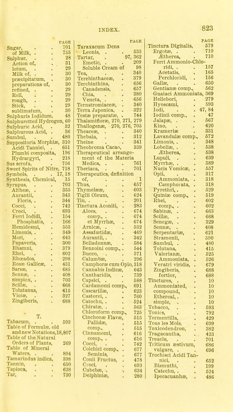 PAGE Sugar, . . 701 of Milk, . . 755 Sulphur, . . 28 Action of, . 81 lotura, . . 29 Milk of, . . 80 pnecipitatum, . 30 preparations of, 80 refined, . . 29 Roll, . . 29 rough, . . 29 Stick, ; . 29 sublimatum, . 30 Snlphuris Iodidum, 48 Sulphuretted Hydrogen, 60 Sulphuric Acid, . 32 Sulphurous Acid, . 36 Sumbul, . . 480 Suppositoria Morphia, 310 Acidi Tannici, . 651 Plutnhi composita, 196 Hydrargyri, . 218 Sus scrof a, . 756 Sweet Spirits of Nitre, 718 Symbols, . . 17,18 Synthesis, Chemical, 15 Syrupus, . . 703 Althea?, . . 335 Aurantii, . 343 Floris, . . 344 Cocci, . . 742 • Croci, . . 693 Feni Iodidi, . 154 Phosphatis, . 166 Hemidesmi, . 553 Limonis, . . 349 Mori, . . 643 Papaveris, . 300 Rhamni, . 379 Rhei, . . 602 Rhceados, . 298 Rosa? Gallics, . 431 Sarsa?, . . 685 Senna?, . . 408 simplex, . . 703 Scilla;, . . 668 Tolutanus, . 415 Viola?, . . 327 Zingiberis, . 688 T. Tabacum, . . 593 Table of Formula?, old and new Not ations,18,807 Table of the Natural Orders of Plants, 269 Table of Mineral Waters, . . 804 Tamarindus indica, 398 Tannin, , . 650 Tapioca, . . 628 Tar, . . 730 PAGE Taraxacum Dens Lconis, . . 533 Tartar, . 97, 362 Emetic, . . 209 Soluble Cream of 98 Tea, . . 340 Terebinth acea?, . 379 Terebinthina, . 656 Canadensis, . 657 Chia, . . 380 Veneta, . . 656 Ternstromiacea?, . 340 Terra Japonica, . 322 Testae preparata?, . 744 Thalamiflora?, 270, 271, 279 Thallogena?, 270, 276, 705 Theaeea?, . . 340 Thebaia, . .312 Theine . .. 341 Theobroma Cacao, 339 Therapeutical arrange- ment of the Materia Medica, . . 761 Theriaca, . . 701 Therapeutics, definition of, . 1 Thus, . . 657 Thymela?a?, . 603 Tiglii Oleum, . 624 Tin, . .201 Tinctura Aconiti, . 283 Aloes, . . 674 comp, . . 674 et Myrrhs, . 674 Arnica?, . . 532 Assafoetida?, . 469 Aurantii,. . 342 Belladonna?, . 584 Benzoini comp, . 544 Bucco, . . 371 Calumba?, . 296 Camphora? cum Opio, 318 Cannabis Indica?, 643 Cantharidis, . 739 Capsici, . . 588 Cardamomi comp, 691 Cascarilla?, . 623 Castorei, . . 760 Catechu, . . 524 Chirata?, . . 663 Chloroform comp, 725 Cinchona? Flava;, 515 Pallida?, . 515 comp, . 615 Cinnamomi, . 616 comp, . . 616 Cocci, . . 742 Colchici comp, . 677 Seminis, . 677 Conii Fructus, . 478 Croci, , . 693 Cuheba?, . . 634 Delphinia?, . 280 PAGE Tinctura Digitalis, 579 Ergota?, . . 710 iEtherea, . 710 Ferri Ammonio-Chlo- ridi, . . 157 Acetatis, . 165 Perchloridi, . 156 Galla?, . . 650 Gentiana? comp, 562 Guaiaci Ammoniata, 369 Hellebori, . 279 Hyoscami, . 593 Iodi, . . 47, 84 Iodinii comp., . 47 Jalapa?, . . 567 Kino, . , 420 Krameria? . 331 Lavandula? comp, 572 Limonis, . . 348 Lobelia?, . . 538 iEtherea, . 538 Lupuli, . . 639 Myrrha?, . . 389 Nucis Vomica?, . 557 Opii, . . 317 Ammoniata, . 318 Camphorata, . 318 Pyrethri,. . 529 Quinia? comp, . 519 Rhei, . . 602 comp, . . 602 Sabina?, . . 663 Scilla?, . . 668 Senega?, . . 329 Senna?, . . 408 Serpentaria?, . 621 Stramonii, . 590 Sumbul, . . 480 Tolutana, . 415 Valeriana?, . 525 Ammoniata, . 526 Veratri viridis, . 679 Zingiberis, . 688 fortior, . 688 Tinctures, . . 10 Ammoniated, . 10 compound, . 10 Ethereal,. . 10 simple, . . 10 Tobacco, . . 593 Tonics, . . 792 Tormentilla, . 429 Tous les Mois, . 699 Toxicodendron, . 382 Tragacantha, . 423 Treacle, . . 701 Tiiticum a?stlvum, 686 vulgare, . . 696 Trochisci Acidi Tan- nici, . . 652 Bismuthi, . 199 Catechu, . , 524 Ipecacuanha?, . 486