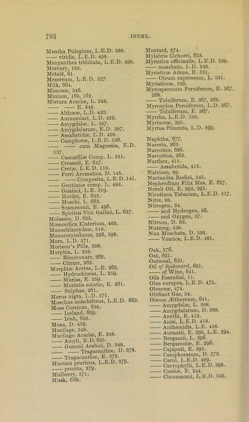 Mentha Pulcgium, L.E.D. 500. viridis, L.E.D. 498. Menyanthea trifoliata, L.E.D. 490. Mercury, 180. Metals,'61. Mezcreum, L.E.D. 527* Milk, 664. Mimosse, 346. Minium, l6o, 162. Miatura Acacia?, L. 348. E. 349- Althiea?, L.D. 423. Ammoniaci, L.D. 423. Amygdala?, L. 387. Amygdalarum, E.D. 387. Assaicetidie, L.D. 420. Camphorte, L.E.D. 536. cum Magnesia, E.D. 0.5/« Cascarilke Comp. L. 551. Creasoti, E. 647- Cretie, L.E.D. 110. Ferri Aromatica, D. 145. Composita, L.E.D. 141. Gentiante comp. L. 488. Guaiaci, L.E. 319. Hordei, E. 623. Moschi, L. 663. Scammonii, E. 496. Spiritus Vini Gallici, L. 637* Molasses, D. 625. Momordica Elaterium, 405. Monochlamydene, 518. Monocotyledones, 226, 590. Mora, L.D. 571. Morison’s Pills, 308. Morphia, L. 258. Bimeconate, 262, Citrate, 262. Morphine Acctas, L.E. 262. Hydrochloras, L. 259* Murias, E. 259. Muriatis solutio, E. 26l. Sulphas, 261. Morus nigra, L.D. 571. Moschus moschifcrus, L.E.D. 002. Moss Corsican, 630. Iceland, 629. Irish, 630. Moxa, D. 459- Mucilage, 348. Mucilago Acacitc, E. 348. Amyli, E.D. 625. Gummi Arnbici, D. 348. Tragacantha?, D. 378. Tragacantluc, E. 378. Mucuna pruriens, L.E.D. 379* prurita, 379* Mulberry, 571. Musk, 662. Mustard, 274. Mylabris Cichorei, 653. Myristica officinalis, L.E.D. 530. moschata, L.D. 530. Myristicne Adeps, E. 531. —— Oleum expressum, L. 531. Mymticea?, 529. Myrospcrmum Pcruifcrum, E. 367, 268. Toluiferum, E. 367, 368. Myroxylon Peruifcrum, L.D. 367. —— Toluiferum, E. 367. Myrrha, L.E.D. 338. Myrtacea?, 395. Myrtus Pimenta, L.D. 399* Naphtha, 677* Narccia, 263. Narcotics, 686. Narcotina, 263. Narthcx, 415. Assafcetida, 415. Natrium, 89- Ncctandra Ilodiei, 545. Nephrodium Filix Mas, E. 627. Neroli Oil, E. 293, 295. Nicotiana Tabacum, L.E.D. 517. Nitre, 83. Nitrogen, 24. and Hydrogen, 56. and Oxygen, 37. Nitrum, D. 83. Nutmeg, 530. Nux Moschata, D. 530. Vomica, L.E.D. 481. Oak, 576. Oat, 621. Oatmeal, 621. Oil of Spikenard, 621. of Wine, 641. Oils Essential, 11. Olca europca, L.E.D. 475. Olcacea?, 474. Olefiant Gas, 54. Oleum TEthereum, 641. Amygdala?, L. 388. Amygdalarum, D. 388. Ancthi, E. 412. Anisi, L.E.D. 410. Anthcmidis, L.E. 458. Aurantii, E. 293, L.E. 294. Bcrgamii, L. 296. Bcrgamota?, E. 296. Cajaputi, E. 395. Camphoratum, D. 573. Carol, L.E.D. 409- Caryophylli, L.E.D. 398. Cassia?, *E. 544. Cinnamomi, L.E.D. 540.