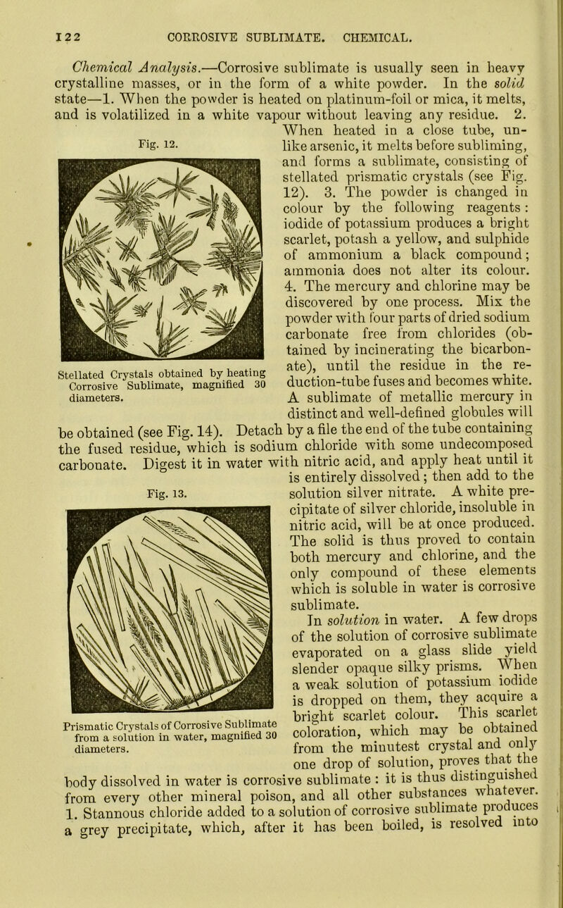 Fig. 12. Stellated Crystals obtained by beating Corrosive Sublimate, magnified 30 diameters. Chemical Analysis.—Corrosive sublimate is usually seen in heavy crystalline masses, or in the form of a white powder. In the solid state—1. When the powder is heated on platinum-foil or mica, it melts, and is volatilized in a white vapour without leaving any residue. 2. When heated in a close tube, un- like arsenic, it melts before subliming, and forms a sublimate, consisting of stellated prismatic crystals (see Fig. 12). 3. The powder is changed in colour by the following reagents: iodide of potassium produces a bright scarlet, potash a yellow, and sulphide of ammonium a black compound; ammonia does not alter its colour. 4. The mercury and chlorine may be discovered by one process. Mix the powder with four parts of dried sodium carbonate free from chlorides (ob- tained by incinerating the bicarbon- ate), until the residue in the re- duction-tube fuses and becomes white. A sublimate of metallic mercury in distinct and well-defined globules will be obtained (see Fig. 14). Detach by a file the end of the tube containing the fused residue, which is sodium chloride with some undecomposed carbonate. Digest it in water with nitric acid, and apply heat until it is entirely dissolved; then add to the solution silver nitrate. A white pre- cipitate of silver chloride, insoluble in nitric acid, will be at once produced. The solid is thus proved to contain both mercury and chlorine, and the only compound of these elements which is soluble in water is corrosive sublimate. In solution in water. A few drops of the solution of corrosive sublimate evaporated on a glass slide yield slender opaque silky prisms. When a weak solution of potassium iodide is dropped on them, they acquire a bright scarlet colour. This scarlet coloration, which may be obtained from the minutest crystal and only one drop of solution, proves that the body dissolved in water is corrosive sublimate : it is thus distinguished from every other mineral poison, and all other substances whatever. 1. Stannous chloride added to a solution of corrosive sublimate pioduces a grey precipitate, which, after it has been boiled, is resolved into Fig. 13. Prismatic Crystals of Corrosive Sublimate from a solution in water, magnified 30 diameters.