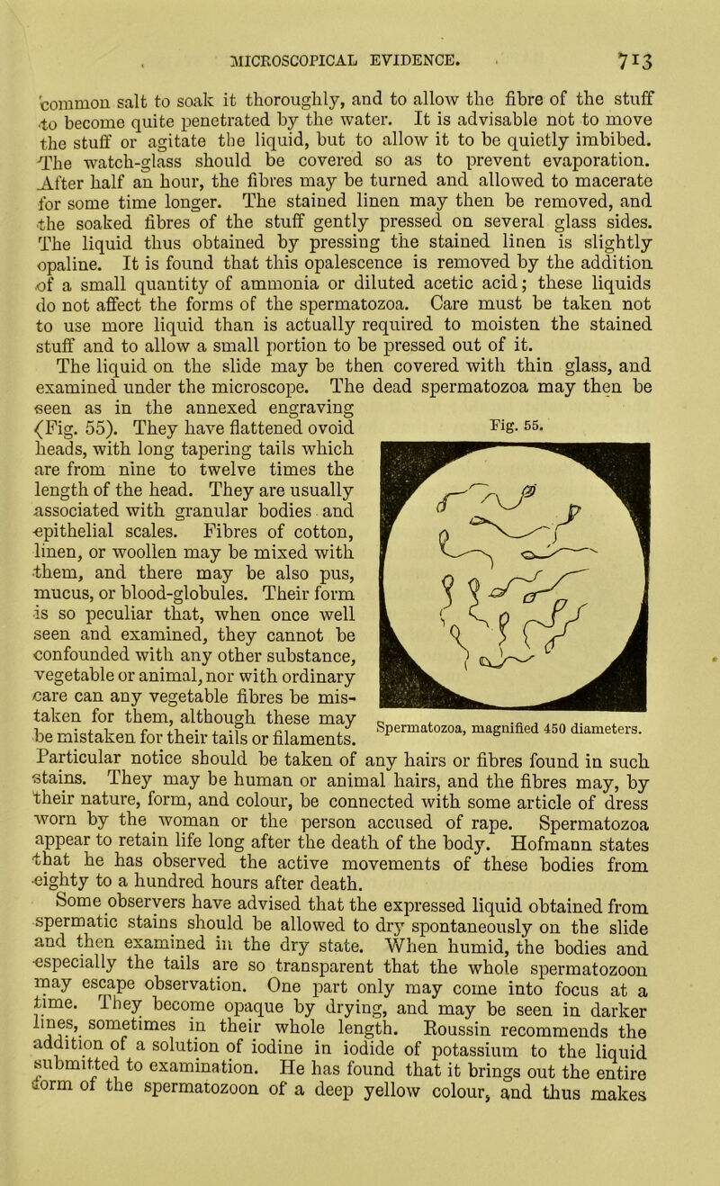 common salt to soak it thoroughly, and to allow the fibre of the stuff •to become quite penetrated by the water. It is advisable not to move the stuff or agitate the liquid, but to allow it to be quietly imbibed. 'The watch-glass should be covered so as to prevent evaporation. After half an hour, the fibres may be turned and allowed to macerate for some time longer. The stained linen may then be removed, and ■the soaked fibres of the stuff gently pressed on several glass sides. The liquid thus obtained by pressing the stained linen is slightly opaline. It is found that this opalescence is removed by the addition .of a small quantity of ammonia or diluted acetic acid; these liquids do not affect the forms of the spermatozoa. Care must be taken not to use more liquid than is actually required to moisten the stained stuff and to allow a small portion to be pressed out of it. The liquid on the slide may be then covered with thin glass, and examined under the microscope. The dead spermatozoa may then be seen as in the annexed engraving Eig. 55. Spermatozoa, magnified 450 diameters. {Fig. 55). They have flattened ovoid heads, with long tapering tails which are from nine to twelve times the length of the head. They are usually associated with granular bodies and -epithelial scales. Fibres of cotton, linen, or woollen may be mixed with •them, and there may be also pus, mucus, or blood-globules. Their form •is so peculiar that, when once well seen and examined, they cannot be confounded with any other substance, vegetable or animal, nor with ordinary care can any vegetable fibres be mis- taken for them, although these may be mistaken for their tails or filaments. Particular notice should be taken of any hairs or fibres found in such stains. They may be human or animal hairs, and the fibres may, by their nature, form, and colour, be connected with some article of dress worn by the woman or the person accused of rape. Spermatozoa appear to retain life long after the death of the body. Hofmann states that he has observed the active movements of these bodies from ■eighty to a hundred hours after death. Some observers have advised that the expressed liquid obtained from spermatic stains should be allowed to dry spontaneously on the slide and then examined m the dry state. When humid, the bodies and •especially the tails are so transparent that the whole spermatozoon may escape observation. One part only may come into focus at a time. They become opaque by drying, and may be seen in darker lines, sometimes in their whole length. Roussin recommends the addition of a solution of iodine in iodide of potassium to the liquid submitted to examination. He has found that it brings out the entire iorm of the spermatozoon of a deep yellow colour, and thus makes