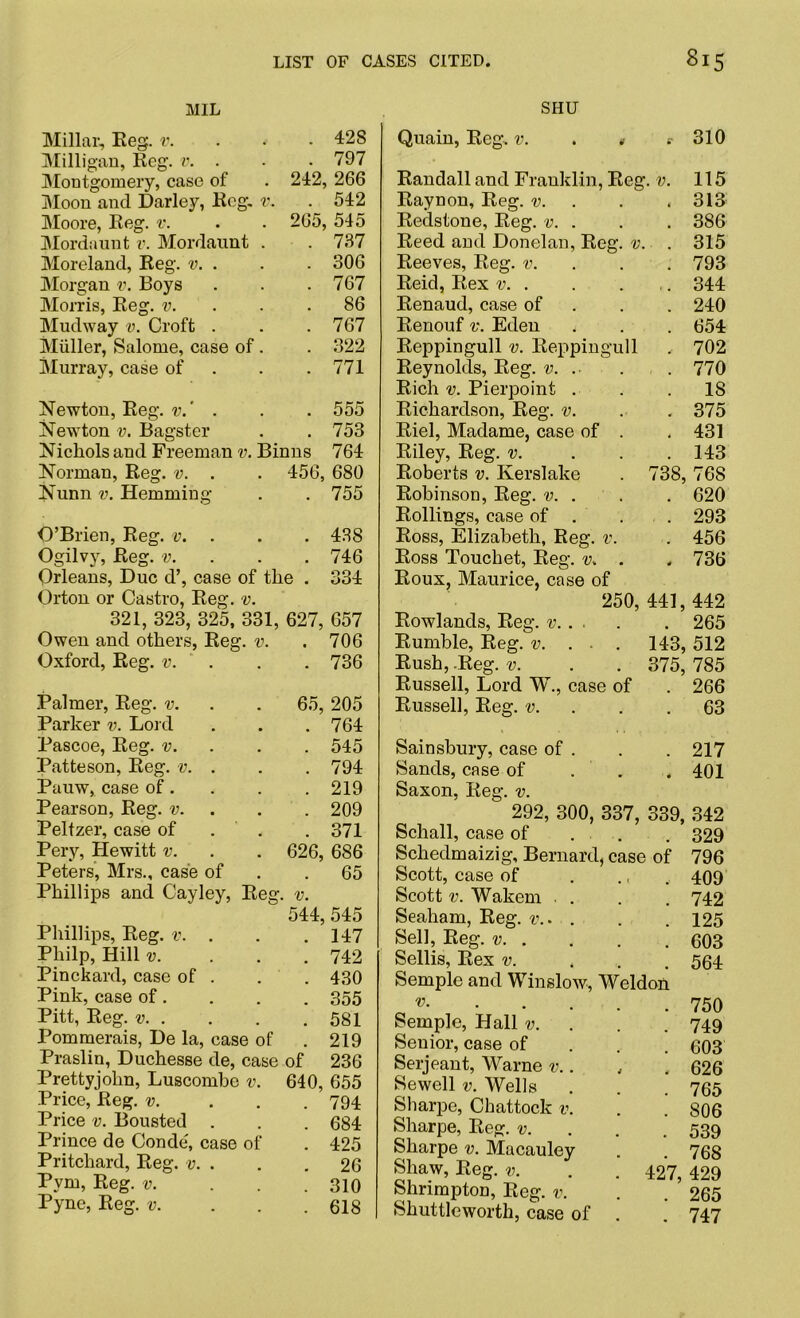 MIL SHU Millar, Reg. v. 428 Milligan, Reg. v. . ■ ■ 797 Montgomery, case of . 242, 266 Moon and Darley, Reg, v, . 542 Moore, Reg. v. . . 265, 545 Mordannt v. Mordaunt . . 737 Moreland, Reg. v. . . . 306 Morgan v. Boys . . .767 Morris, Reg. v. . . 86 Mudway v. Croft . . .767 Muller, Salome, case of. . 322 Murray, case of . . 771 Newton, Reg. v.' . . . 555 Newton v. Bagster . . 753 Nichols and Freeman v. Binns 764 Norman, Reg. v. . . 456, 680 Nunn v. Hemming . . 755 O’Brien, Reg. v. . . . 438 Ogilvy, Reg. v. . .746 Orleans, Due d’, case of the . 334 Orton or Castro, Reg. v. 321, 323, 325, 331, 627, 657 Owen and others, Reg. v. . 706 Oxford, Reg. v. 736 Palmer, Reg. v. . . 65, 205 Parker v. Lord . . .764 Pascoe, Reg. v. 545 Patteson, Reg. v. . . . 794 Pauw, case of. . . .219 Pearson, Reg. v. . . 209 Peltzer, case of . .371 Pery, Hewitt v. . . 626, 686 Peters, Mrs., case of .65 Phillips and Cayley, Reg. v. Phillips, Reg. v. . 544, 545 . 147 Pliilp, Hill v. . 742 Pinckard, case of . . 430 Pink, case of. . 355 Pitt, Reg. v. . . 581 Pommerais, De la, case of . 219 Praslin, Duchesse de, case of 236 Prettyjohn, Luscombe v. 640, 655 Price, Reg. v. . 794 Price v. Bousted . 684 Prince de Conde', case of . 425 Pritchard, Reg. v. . . 26 Pvm, Reg. v. . 310 Pyne, Reg. v. . 618 Quain, Reg. v. . .• e 310 Randall and Franklin, Reg. v. 115 Raynon, Reg. v. . ,313 Redstone, Reg. v. . . . 386 Reed and Donelan, Reg. v. . 315 Reeves, Reg. v. 793 Reid, Rex v. . . . .. 344 Renaud, case of 240 Renouf v. Eden . . . 654 Reppingull v. Eeppingull . 702 Reynolds, Reg. v. .■ . .770 Rich v. Pierpoint ... 18 Richardson, Reg. v. . .375 Riel, Madame, case of . . 431 Riley, Reg. v. . . .143 Roberts v. Kerslake . 738, 768 Robinson, Reg. v. . . . 620 Rollings, case of . . . 293 Ross, Elizabeth, Reg. v. . 456 Ross Touch et, Reg. v. . . 736 Roux, Maurice, case of 250, 441, 442 Rowlands, Reg. v. . . . . 265 Rumble, Reg. v. . . . 143, 512 Rush, -Reg. v. . . 375, 785 Russell, Lord W., case of . 266 Russell, Reg. v. . .63 Sainsbury, case of . . . 217 Sands, case of . . .401 Saxon, Reg. v. 292, 300, 337, 339, 342 Schall, case of . . . 329 Schedmaizig, Bernard, case of 796 Scott, case of . ., 409 Scott v. Wakem . . . . 742 Seaham, Reg. v.. . . . 125 Sell, Reg. v 603 Sellis, Rex v. ... 564 Semple and Winslow, Weldon „ v 750 Semple, Hall v. 749 Senior, case of 603 Serjeant, Warne v.. , . 626 Sewell v. Wells . . . 765 Sharpe, Chattock v. . . 806 Sharpe, Reg. v. 539 Sharpe v. Macauley . . 768 Shaw, Reg. v. . . 427, 429 Shrimpton, Reg. v. . . 265 Shuttleworth, case of . . 747