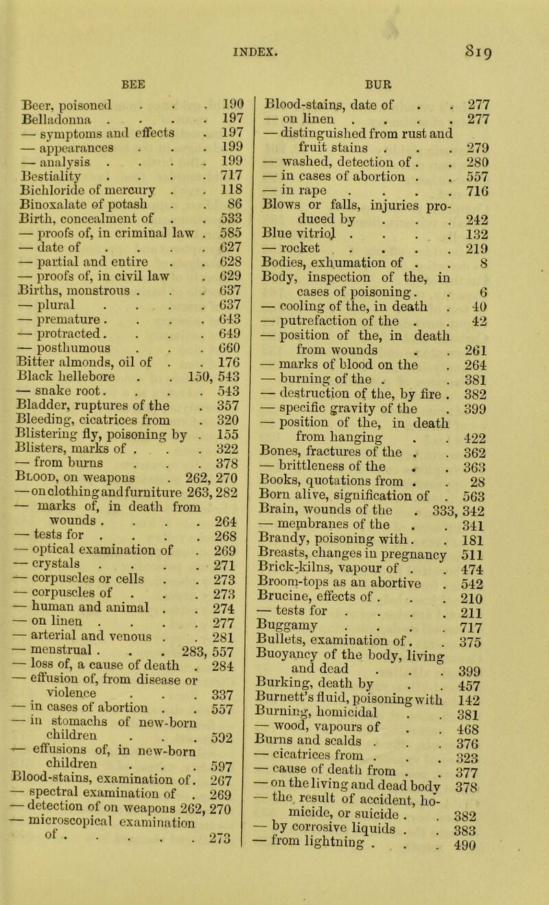 BEE Beer, poisoned ■ • .190 Belladonna . . . .197 — symptoms and effects . 197 — appearances . . .199 — analysis . . . ,199 Bestiality .... 717 Bichloride of mercury . . 118 Biuoxalate of potash . . 86 Birth, concealment of . . 533 — proofs of, in criminal law . 585 — date of ... 627 — partial and entire . . 628 — proofs of, in civil law . 629 Births, monstrous . . . 637 — plural .... 637 — premature.... 643 — protracted.... 649 — posthumous . . . 660 Bitter almonds, oil of . . 176 Black hellebore . . 150, 543 — snake root.... 543 Bladder, ruptures of the . 357 Bleeding, cicatrices from . 320 Blistering fly, poisoning by . 155 Blisters, marks of . . . 322 — from burns . . . 378 Blood, on weapons . 262, 270 —on clothing and furniture 263,282 — marks of, in death from wounds .... 264 — tests for .... 268 — optical examination of . 269 — crystals . . . .271 — corpuscles or cells . . 273 — corpuscles of . 273 — human and animal . . 274 — on linen .... 277 — arterial and venous . .281 — menstrual . . . 283, 557 — loss of, a cause of death . 284 — effusion of, from disease or violence . . . 337 — in cases of abortion . . 557 — in stomachs of new-born children . . .592 ’— effusions of, in new-born children . . .597 Blood-stains, examination of. 267 — spectral examination of . 269 — detection of on weapons 262, 270 microscopical examination of . BUR Blood-stains, date of — on linen .... — distinguished from rust and fruit stains . — washed, detection of . — in cases of abortion . injuries pro- m — in rape Blows or falls, duced by Blue vitrioj . — rocket . Bodies, exhumation of . Body, inspection of the, cases of poisoning. — cooling of the, in death — putrefaction of the . — position of the, in death from wounds — marks of blood on the — burning of the . — destruction of the, by fire . — specific gravity of the — position of the, in death from hanging Bones, fractures of the . — brittleness of the Books, quotations from . Born alive, signification of . Brain, wounds of the . 333 — membranes of the Brandy, poisoning with. Breasts, changes in pregnancy Brick-kilns, vapour of . Broom-tops as an abortive Brucine, effects of. — tests for . . Buggamy .... Bullets, examination of. Buoyancy of the body, living and dead Burking, death by Burnett’s fluid, poisoning with Burning, homicidal 970 L i o — wood, vapours of Burns and scalds . — cicatrices from . — cause of death from . 1 — on the living and dead bodv — the result of accident, ko'- micidc, or suicide . — by corrosive liquids . — from lightning . 277 277 279 280 557 716 242 132 219 8 6 40 42 261 264 381 382 399 422 362 363 28 563 , 342 341 181 511 474 542 210 211 717 375 399 457 142 381 468 376 323 377 378 382 383 490