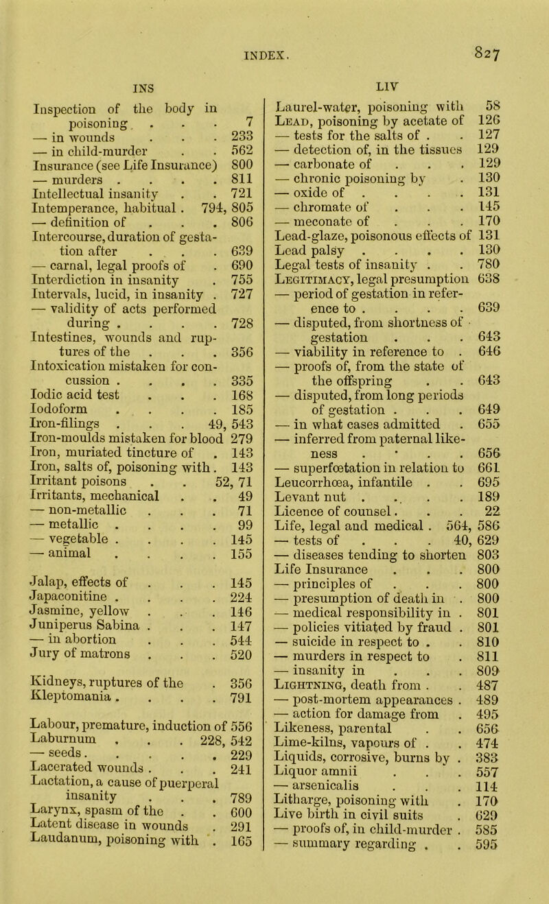 INS LIV Inspection of the body in poisoning ... 7 —■ in wounds . . • 233 — in cliild-murder . . 562 Insurance (see Life Insurance) 800 — murders . . . .811 Intellectual insanity . .721 Intemperance, habitual. 794, 805 — definition of 806 Intercourse, duration of gesta- tion after . . . 639 — carnal, legal proofs of . 690 Interdiction in insanity . 755 Intervals, lucid, in insanity . 727 — validity of acts performed during .... 728 Intestines, wounds and rup- tures of the . . . 356 Intoxication mistaken for con- cussion .... 335 Iodic acid test . . . 168 Iodoform .... 185 Iron-filings . . .49, 543 Iron-moulds mistaken for blood 279 Iron, muriated tincture of . 143 Iron, salts of, poisoning with . 143 Irritant poisons Irritants, mechanical — non-metallic — metallic — vegetable . — animal 52, 71 . 49 . 71 . 99 . 145 . 155 Jalap, effects of Japaconitine . Jasmine, yellow Juniperus Sabina — in abortion Jury of matrons 145 224 146 147 544 520 Kidneys, ruptures of the . 356 Kleptomania.... 791 Labour, premature, induction of 556 Laburnum . . . 228, 542 — seeds 229 Lacerated wounds . . . 241 Lactation, a cause of puerperal insanity . . .789 Larynx, spasm of the . . 600 Latent disease in wounds . 291 Laudanum, poisoning with . 165 Laurel-water, poisoning with 58 Lead, poisoning by acetate of 126 — tests for the salts of . . 127 — detection of, in the tissues 129 —- carbonate of 129 — chronic poisoning by . 130 — oxide of . . . 131 — chromate of . 145 — meconate of 170 Lead-glaze, poisonous effects of 131 Lead palsy .... 130 Legal tests of insanity . . 780 Legitijiacy, legal presumption 638 — period of gestation in refer- ence to . . . . 639 — disputed, from shortness of ■ gestation . . . 643 — viability in reference to . 646 — proofs of, from the state of the offspring . . 643 — disputed, from long periods of gestation . . . 649 — in what cases admitted . 655 — inferred from paternal like- ness . 656 — superfcetation in relation to 661 Leucorrhcea, infantile . . 695 Levant nut . ., . .189 Licence of counsel... 22 Life, legal and medical . 564, 586 — tests of 40, 629 — diseases tending to shorten 803 Life Insurance . . . 800 —■ principles of . 800 — presumption of death in . 800 — medical responsibility in . 801 — policies vitiated by fraud . 801 — suicide in respect to . . S10 — murders in respect to .811 — insanity in 809 Lightning, death from . . 487 — post-mortem appearances . 489 — action for damage from . 495 Likeness, parental . . 656 Lime-kilns, vapours of . . 474 Liquids, corrosive, burns by . 383 Liquor amnii . . 557 — arsenicalis . . .114 Litharge, poisoning with . 170 Live birth in civil suits . 629 — proofs of, in child-murder . 585 — summary regarding . . 595