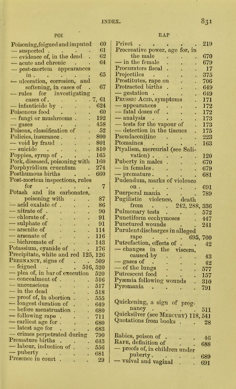 POI DAP Poisoning,feigned and imputed 60 — suspected .... 61 — evidence of, in the dead . 62 — acute and chronic . • 64 — post-mortem appearances in . 65 ■— ulceration, corrosion, and softening, in cases of . 67 -— rules for investigating cases of. . . . 7, 61 — infanticide by . . . 624 Poisonous food ... 60 — fungi or mushrooms . . 192 — gases .... 458 Poisons, classification of . 52 Policies, insurance. . . 800 — void by fraud . . . 801 — suicide .... 810 Poppies, syrup of . . .165 Pork, diseased, poisoning with 160 Porphyridium cruentum . 274 Posthumous births . . 660 Post-mortem inspections, rules for .... 7 Potash and its carbonates poisoning with . . 87 — acid oxalate of . . .86 — nitrate of . . . .90 — chlorate of. . . .91 •— sulphate of . . .91 — arsenite of . . .114 — arsenate of . . .116 — bichromate of . . . 143 Potassium, cyanide of . . 176 Precipitate, white and red 125, 126 Pregnancy, signs of . . 509 — feigned . . . 516, 520 — plea of, in bar of execution 520 — concealment of . . .516 — unconscious . . . 517 — in the dead . . . 518 — proof of, in abortion . . 555 — longest duration of . . 649 — before menstruation . . 680 — following rape . . .711 — earliest age for . . . 680 — latest age for . . . 683 — crimes perpetrated during 790 Premature births . . 643 — labour, induction of . . 556 — puberty . . . .681 Presence in court ... 29 Privet 219 Procreative power, age for, in the male 670 — in the female 679 Procurators fiscal . 17 Projectiles .... 375 Prostitutes, rape on 706 Protracted births . 649 — gestation . 649 Prussic Acid, symptoms 171 — appearances 172 — fatal doses of . 172 — analysis .... 173 — tests for the vapour of 173 — detection in the tissues 175 Pseudaconitine 223 Ptomaines .... 163 Ptyalism, mercurial (see Sali- vation) .... 120 Puberty in males . 670 — in females.... 679 —■ premature.... 681 Pudendum, marks of violence on 691 Puerperal mania . . . 789 Pugilistic violence, death from . . 242, 288, 336 Pulmonary tests . . . 572 Punctiform ecchymoses . 447 Punctured wounds . .241 Purulent discharges in alleged rape . . . 695, 700 Putrefaction, effects of . .42 — changes in the viscera, caused by . .43 — gases of . . . .42 — of the lungs . . . 577 Putrescent food . . . 157 Pyaemia following wounds . 310 Pyromania . . . .791 Quickening, a sign of preg- nancy . . . °. 511 Quicksilver (see Mercury) 118, 54] Quotations from books . . 28 Rabies, poison of . . .46 Rape, definition of . . 688 proofs of, in children under puberty.. . . . 689 — vulval and vaginal . . 691