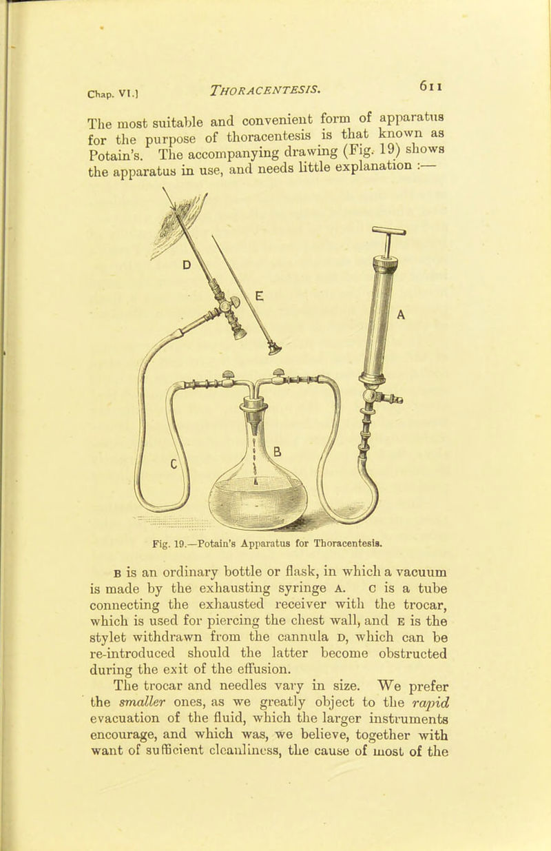 The most suitable and convenieut form of apparatn for tlie purpose of thoracentesis is that known a Potain's. The accompanying drawing (Fig. 19) show the apparatus in use, and needs Uttle explanation :— Fig. 19.—Potain's Apparatus for Thoracentesis. B is an ordinary bottle or flask, in which a vacuum is made by the exhausting syringe A. c is a tube connecting the exhausted receiver with the trocar, which is used for piercing the chest wall, and e is the stylet withdrawn from the cannula D, which can be re-introduced should the latter become obstructed during the exit of the effusion. The trocar and needles vary in size. We prefer the smaller ones, as we greatly object to the rojjnd evacuation of the fluid, which the larger instruments encourage, and which was, we believe, together with want of sufficient clcaiLliucss, the cause of most of the