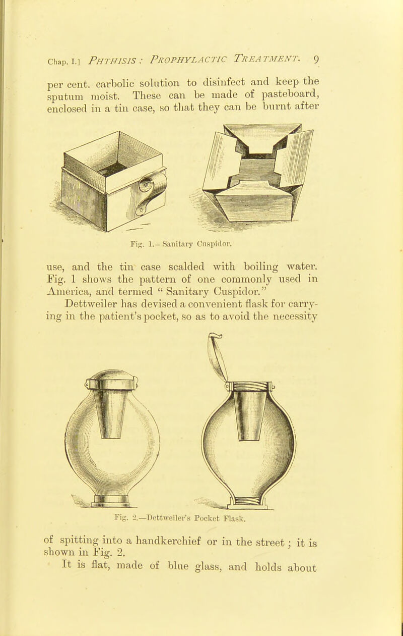 per cent, carbolic solution to disinfect and keep the sputum moist. These can be made of pasteboard, enclosed in a tin case, so that they can be burnt after Fig. 1.-Sanitary Gnspidor. use, and the tin case scalded with boiling water. Fig. 1 shows the pattern of one commonly used in America, and termed  Sanitary Cuspidor. Dettweiler has devised a convenient flask for carry- ing in the patient's pocket, so as to avoid the necessity Fig. 2.—Dettweiler's Pocket Flask. of spitting into a handkerchief or in the street; it is shown in Fig. 2. It is flat, made of blue glass, and holds about