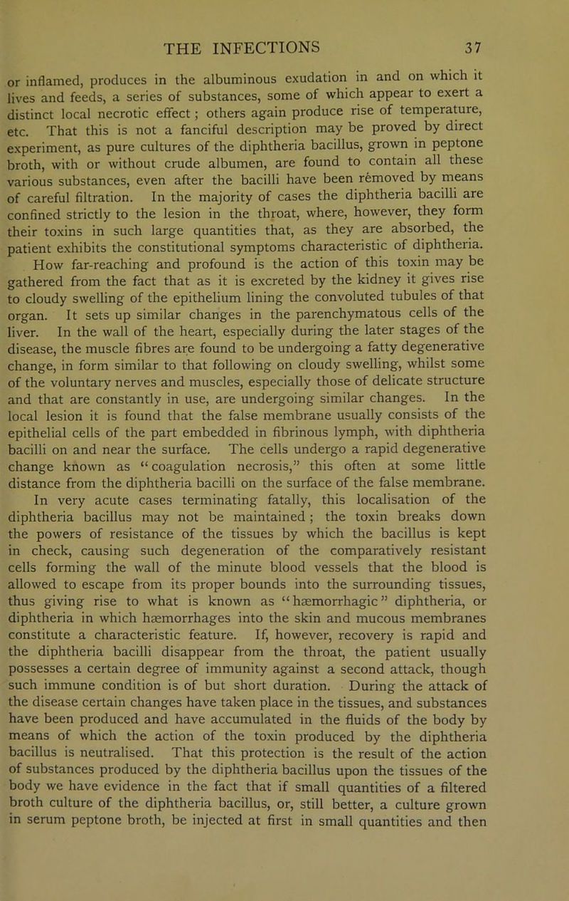 or inflamed, produces in the albuminous exudation in and on which it lives and feeds, a series of substances, some of which appear to exert a distinct local necrotic effect; others again produce rise of temperature, etc. That this is not a fanciful description may be proved by direct experiment, as pure cultures of the diphtheria bacillus, grown in peptone broth, with or without crude albumen, are found to contain all these various substances, even after the bacilli have been removed by means of careful filtration. In the majority of cases the diphtheria bacilli are confined strictly to the lesion in the throat, where, however, they form their toxins in such large quantities that, as they are absorbed, the patient exhibits the constitutional symptoms characteristic of diphtheria. How far-reaching and profound is the action of this toxin may be gathered from the fact that as it is excreted by the kidney it gives rise to cloudy swelling of the epithelium lining the convoluted tubules of that organ. It sets up similar changes in the parenchymatous cells of the liver. In the wall of the heart, especially during the later stages of the disease, the muscle fibres are found to be undergoing a fatty degenerative change, in form similar to that following on cloudy swelling, whilst some of the voluntary nerves and muscles, especially those of delicate structure and that are constantly in use, are undergoing similar changes. In the local lesion it is found that the false membrane usually consists of the epithelial cells of the part embedded in fibrinous lymph, with diphtheria bacilli on and near the surface. The cells undergo a rapid degenerative change known as “ coagulation necrosis,” this often at some little distance from the diphtheria bacilli on the surface of the false membrane. In very acute cases terminating fatally, this localisation of the diphtheria bacillus may not be maintained; the toxin breaks down the powers of resistance of the tissues by which the bacillus is kept in check, causing such degeneration of the comparatively resistant cells forming the wall of the minute blood vessels that the blood is allowed to escape from its proper bounds into the surrounding tissues, thus giving rise to what is known as “haemorrhagic” diphtheria, or diphtheria in which haemorrhages into the skin and mucous membranes constitute a characteristic feature. If, however, recovery is rapid and the diphtheria bacilli disappear from the throat, the patient usually possesses a certain degree of immunity against a second attack, though such immune condition is of but short duration. During the attack of the disease certain changes have taken place in the tissues, and substances have been produced and have accumulated in the fluids of the body by means of which the action of the toxin produced by the diphtheria bacillus is neutralised. That this protection is the result of the action of substances produced by the diphtheria bacillus upon the tissues of the body we have evidence in the fact that if small quantities of a filtered broth culture of the diphtheria bacillus, or, still better, a culture grown in serum peptone broth, be injected at first in small quantities and then