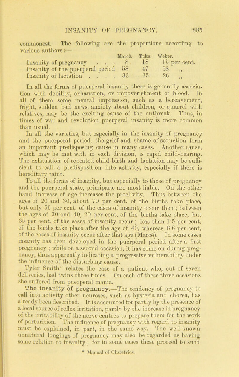 commonest. The following are the proportions according to various authors:— Marcc. Tuke. Weber. Insanity of pregnancy ... 8 18 15 per cent. Insanity of the puerperal period 58 47 58 „ Insanity of lactation .... 33 35 26 ,, In all the forms of puerperal insanity there is genei’ally associa- tion with debility, exhaustion, or impoverishment of blood. In all of them some mental impression, such as a bereavement, fright, sudden bad news, anxiety about children, or quarrel with relatives, may be the exciting cause of the outbreak. Thus, in times of war and revolution puerperal insanity is more common than usual. In all the varieties, but especially in the insanity of pregnancy and the puerperal period, the grief and shame of seduction form an important predisposing cause in many cases. Another cause, which may be met with in each division, is rapid child-bearing. The exhaustion of repeated child-birth and lactation may be suffi- cient to call a predisposition into activity, especially if there is hereditary taint. To all the forms of insanity, but especially to those of pregnancy and the puerperal state, primiparm are most liable. On the other hand, increase of age increases the proclivity. Thus between the ages of 20 and 30, about 70 per cent, of the births take place, but only 56 per cent, of the cases of insanity occur then ; between the ages of 30 and 40, 20 per cent, of the births take place, but 35 per cent, of the cases of insanity occur; less than T5 per cent, of the births take place after the age of 40, whereas 8'6 per cent, of the cases of insanity occur after that age (Marce). In some cases insanity has been developed in the puerperal period after a first pregnancy ; while on a second occasion, it has come on during preg- nancy, thus apparently indicating a progressive vulnerability under the influence of the disturbing cause. Tyler Smith'' relates the case of a patient who, out of seven deliveries, had twins three times. On each of these three occasions she suffered from puerperal mania. The insanity of pregnancy.—The tendency of pregnancy to call into activity other neuroses, such as hysteria and chorea, has already been described. It is accounted for partly by the presence of a local source of reflex irritation, partly by tlic increase in pregnancy of the irritability of the nerve centres to prejjarc them for the woi’k of parturition. The influence of pregnancy with regard to insanity must be explained, in part, in the same way. The well-known unnatural longings of pregnancy may also be regarded as having some relation to insanity; for in some cases these proceed to such Manual of Obstetrics.