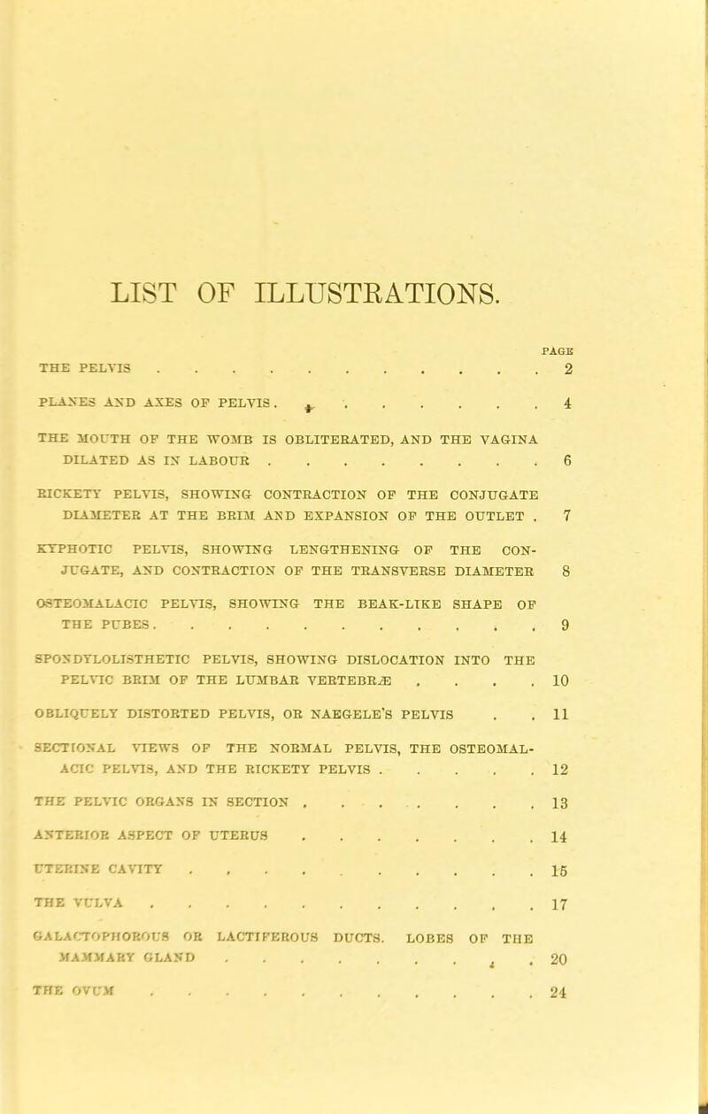 LIST OF ILLUSTRATIONS. PAGE THE PELVIS 2 PLANES AND AXES OF PELVIS 4 THE MOUTH OF THE WOMB IS OBLITERATED, AND THE VAGINA DILATED AS IN LABOUR 6 RICKETY PELVIS, SHOWING CONTRACTION OF THE CONJUGATE DIAMETER AT THE BRIM AND EXPANSION OF THE OUTLET . 7 KYPHOTIC PELVIS, SHOWING LENGTHENING OF THE CON- JUGATE, AND CONTRACTION OF THE TRANSVERSE DIAMETER 8 OSTEOMALACIC PELVIS, SHOWING THE BEAK-LIKE SHAPE OF THE PUBES 9 SPONDYLOLISTHETIC PELVIS, SHOWING DISLOCATION INTO THE PELVIC BRIM OF THE LUMBAR VERTEBRAE , . . .10 OBLIQUELY DISTORTED PELVIS, OR NAEGELE'S PELVIS . .11 SECTIONAL VIEWS OF THE NORMAL PELVIS, THE OSTEOMAL- ACIC PELVIS, AND THE RICKETY PELVIS 12 THE PELVIC ORGANS IN SECTION 13 ANTERIOR ASPECT OF UTERUS 14 UTERINE CAVITY 15 THE VULVA 17 GALACTOPHOROU9 OR LACTIFEROUS DUCTS. LOBES OF THE MAMMARY GLAND . 20 THE OVUM 24