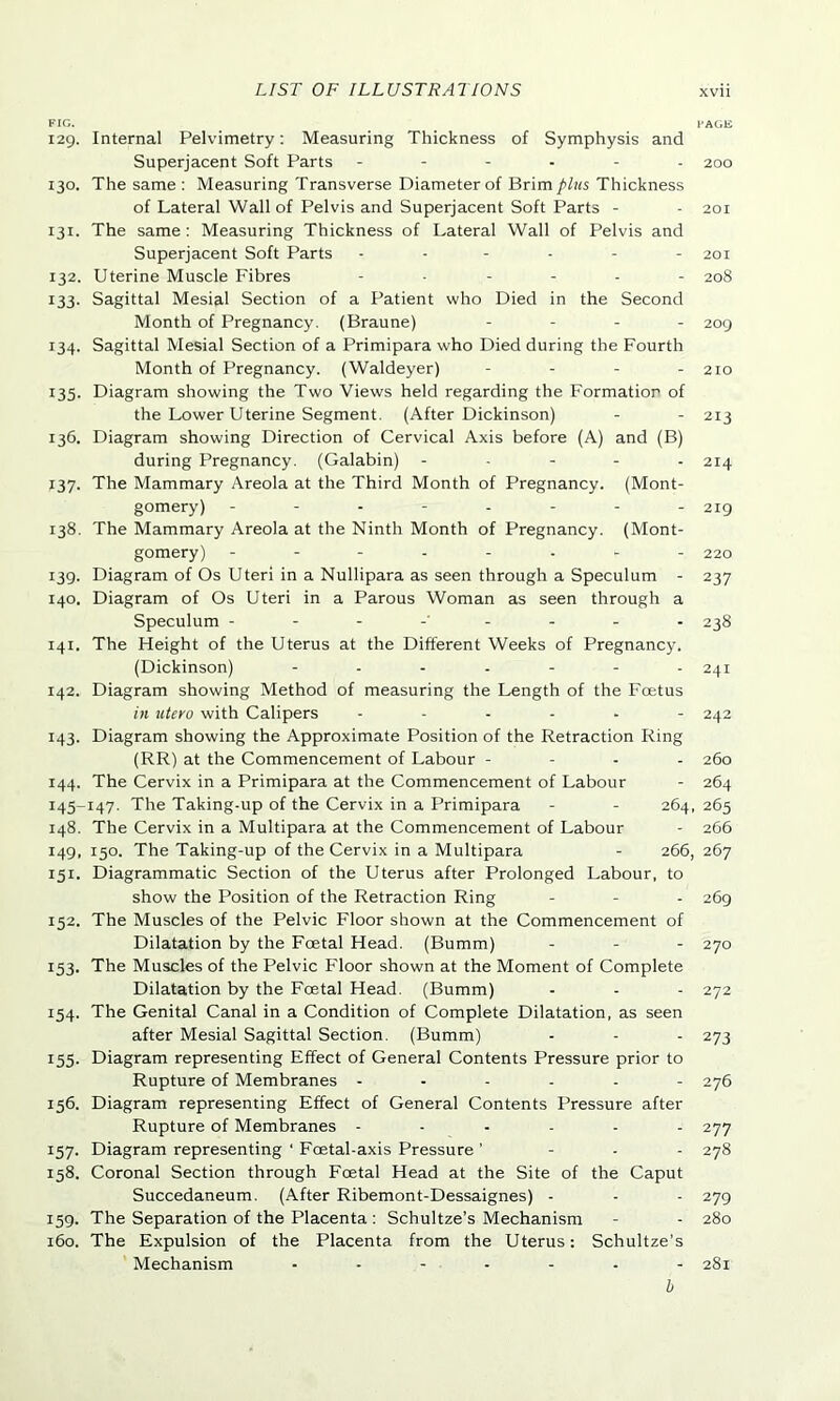 FIG. _ FACE 129. Internal Pelvimetry: Measuring Thickness of Symphysis and Superjacent Soft Parts ------ 200 130. The same : Measuring Transverse Diameter of Brim plus Thickness of Lateral Wall of Pelvis and Superjacent Soft Parts - - 201 131. The same : Measuring Thickness of Lateral Wall of Pelvis and Superjacent Soft Parts ------ 201 132. Uterine Muscle Fibres ------ 2o8 133. Sagittal Mesial Section of a Patient who Died in the Second Month of Pregnancy. (Braune) - 209 134. Sagittal Mesial Section of a Primipara who Died during the Fourth Month of Pregnancy. (Waldeyer) - - - - 210 135. Diagram showing the Two Views held regarding the Formation of the Lower Uterine Segment. (After Dickinson) - - 213 136. Diagram showing Direction of Cervical Axis before (A) and (B) during Pregnancy. (Galabin) ----- 214 137. The Mammary Areola at the Third Month of Pregnancy. (Mont- gomery) -------- 219 138. The Mammary Areola at the Ninth Month of Pregnancy. (Mont- gomery) -------- 220 139. Diagram of Os Uteri in a Nullipara as seen through a Speculum - 237 140. Diagram of Os Uteri in a Parous Woman as seen through a Speculum -------- 238 141. The Height of the Uterus at the Different Weeks of Pregnancy. (Dickinson) 241 142. Diagram showing Method of measuring the Length of the Foetus in utero with Calipers ------ 242 143. Diagram showing the Approximate Position of the Retraction Ring (RR) at the Commencement of Labour - - - - 260 144. The Cervix in a Primipara at the Commencement of Labour - 264 145-147. The Taking-up of the Cervix in a Primipara - - 264, 265 148. The Cervix in a Multipara at the Commencement of Labour - 266 149, 150. The Taking-up of the Cervix in a Multipara - 266, 267 151. Diagrammatic Section of the Uterus after Prolonged Labour, to show the Position of the Retraction Ring - - - 269 152. The Muscles of the Pelvic Floor shown at the Commencement of Dilatation by the Foetal Head. (Bumm) ... 270 153. The Muscles of the Pelvic Floor shown at the Moment of Complete Dilatation by the Foetal Head. (Bumm) - - - 272 154. The Genital Canal in a Condition of Complete Dilatation, as seen after Mesial Sagittal Section. (Bumm) - - - 273 155. Diagram representing Effect of General Contents Pressure prior to Rupture of Membranes ------ 276 156. Diagram representing Effect of General Contents Pressure after Rupture of Membranes ------ 277 157. Diagram representing ' Foetal-axis Pressure ’ - - - 278 158. Coronal Section through Foetal Head at the Site of the Caput Succedaneum. (After Ribemont-Dessaignes) - - - 279 159. The Separation of the Placenta: Schultze’s Mechanism - - 280 160. The Expulsion of the Placenta from the Uterus: Schultze’s Mechanism 281 b