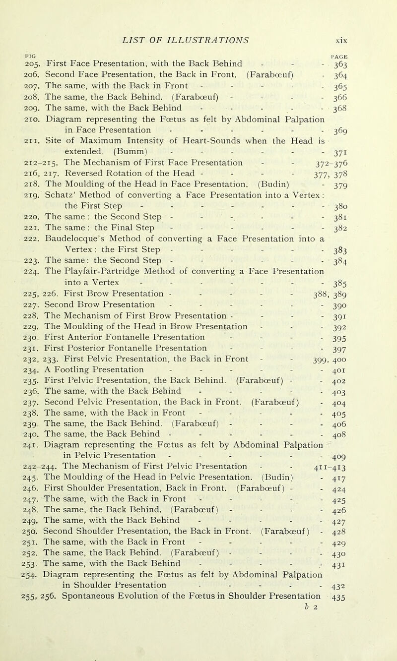FIG _ _ _ rAGE 205. First Face Presentation, with the Back Behind - - - 363 206. Second Face Presentation, the Back in Front. (Faraboeuf) - 364 207. The same, with the Back in Front - 365 208. The same, the Back Behind. (Faraboeuf) - 366 209. The same, with the Back Behind ..... 368 210. Diagram representing the Foetus as felt by Abdominal Palpation in Face Presentation - ..... 369 211. Site of Maximum Intensity of Heart-Sounds when the Head is extended. (Bumm) ...... 371 212-215. The Mechanism of First Face Presentation - - 372-376 216, 217. Reversed Rotation of the Head - - - - 377, 378 218. The Moulding of the Head in Face Presentation. (Budin) - 379 219. Schatz’ Method of converting a Face Presentation into a Vertex : the First Step ------- 380 220. The same : the Second Step - 381 221. The same : the Final Step ...... 382 222. Baudelocque’s Method of converting a Face Presentation into a Vertex : the First Step ------ 383 223. The same: the Second Step ------ 384 224. The Playfair-Partridge Method of converting a Face Presentation into a Vertex ------- 385 225. 226. First Brow Presentation ----- 388, 389 227. Second Brow Presentation 390 228. The Mechanism of First Brow Presentation - - - - 391 229. The Moulding of the Head in Brow Presentation - - - 392 230. First Anterior Fontanelle Presentation - 395 231. First Posterior Fontanelle Presentation - 397 232. 233. First Pelvic Presentation, the Back in Front - - 399, 400 234. A Footling Presentation ------ ^OI 235. First Pelvic Presentation, the Back Behind. (Faraboeuf) - - 402 236. The same, with the Back Behind ----- 403 237. Second Pelvic Presentation, the Back in Front. (Faraboeuf) - 404 238. The same, with the Back in Front ----- 405 239. The same, the Back Behind. (Faraboeuf) - 406 240. The same, the Back Behind ------ 408 241. Diagram representing the Foetus as felt by Abdominal Palpation in Pelvic Presentation 409 242-244. The Mechanism of First Pelvic Presentation - - 411-413 245. The Moulding of the Head in Pelvic Presentation. (Budin) - 417 246. P'irst Shoulder Presentation, Back in Front. (Faraboeuf) - - 424 247. The same, with the Back in Front ----- 425 248. The same, the Back Behind. (Faraboeuf) ... - 426 249. The same, with the Back Behind - 427 250. Second Shoulder Presentation, the Back in Front. (Faraboeuf) - 428 251. The same, with the Back in Front ----- 429 252. The same, the Back Behind. (Faraboeuf) - 430 253. The same, with the Back Behind - - - - - 431 254. Diagram representing the Foetus as felt by Abdominal Palpation in Shoulder Presentation - 432 255. 256. Spontaneous Evolution of the Foetus in Shoulder Presentation 435 b 2