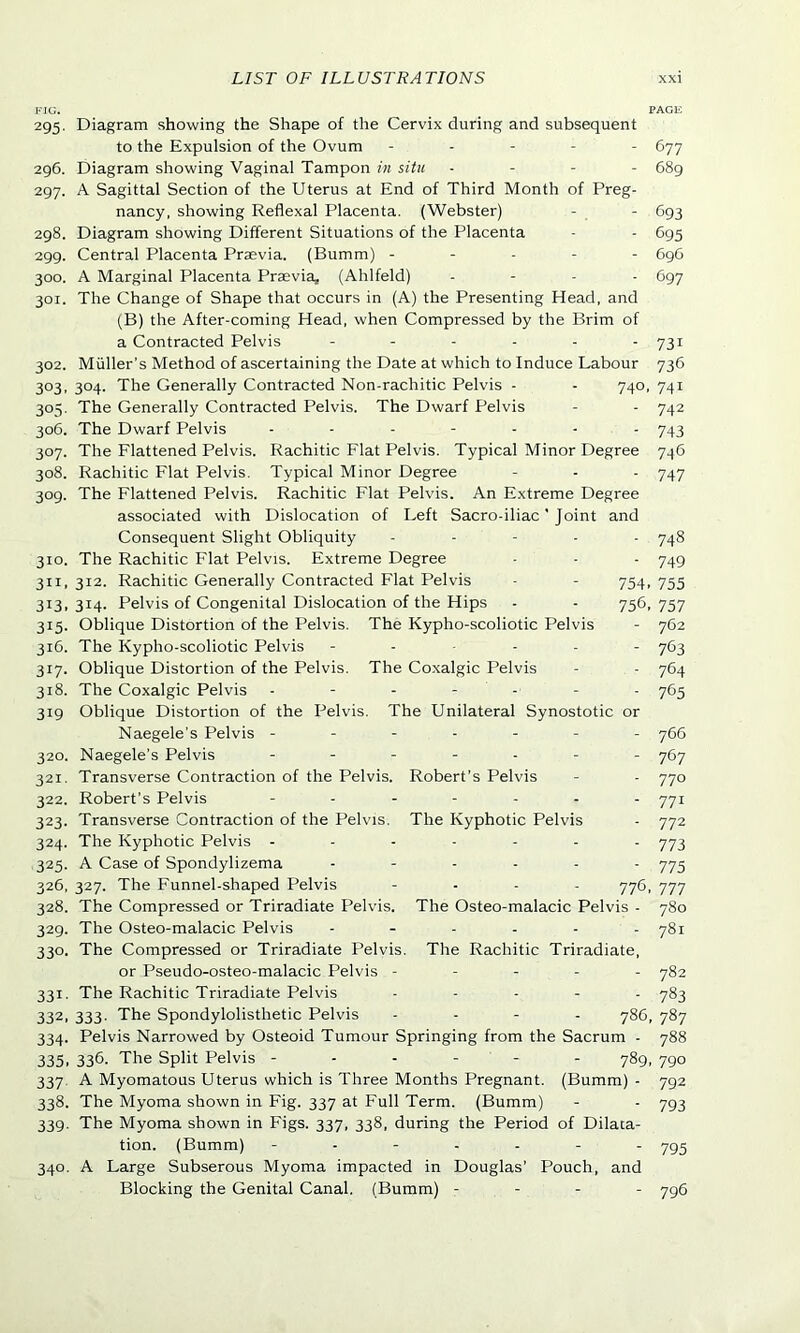 FIG. PAGE 295. Diagram showing the Shape of the Cervix during and subsequent to the Expulsion of the Ovum ----- 677 296. Diagram showing Vaginal Tampon in situ - 689 297. A Sagittal Section of the Uterus at End of Third Month of Preg- nancy, showing Reflexal Placenta. (Webster) - - 693 298. Diagram showing Different Situations of the Placenta - - 695 299. Central Placenta Prsevia. (Bumm) ----- 696 300. A Marginal Placenta Praevia, (Ahlfeld) - 697 301. The Change of Shape that occurs in (A) the Presenting Head, and (B) the After-coming Head, when Compressed by the Brim of a Contracted Pelvis ------ 731 302. Muller’s Method of ascertaining the Date at which to Induce Labour 736 303. 304. The Generally Contracted Non-rachitic Pelvis - - 740, 741 305. The Generally Contracted Pelvis. The Dwarf Pelvis - - 742 306. The Dwarf Pelvis ------- 743 307. The Flattened Pelvis. Rachitic Flat Pelvis. Typical Minor Degree 746 308. Rachitic Flat Pelvis. Typical Minor Degree - - - 747 309. The Flattened Pelvis. Rachitic Flat Pelvis. An Extreme Degree associated with Dislocation of Left Sacro-iliac' Joint and Consequent Slight Obliquity ----- 748 310. The Rachitic Flat Pelvis. Extreme Degree - - - 749 311. 312. Rachitic Generally Contracted Flat Pelvis - - 754, 755 313, 314. Pelvis of Congenital Dislocation of the Hips - - 756, 757 315. Oblique Distortion of the Pelvis. The Kypho-scoliotic Pelvis - 762 316. The Kypho-scoliotic Pelvis 763 317. Oblique Distortion of the Pelvis. The Coxalgic Pelvis - - 764 318. The Coxalgic Pelvis ------- 765 319 Oblique Distortion of the Pelvis. The Unilateral Synostotic or Naegele’s Pelvis ------- 766 320. Naegele’s Pelvis ------- 757 321. Transverse Contraction of the Pelvis. Robert’s Pelvis - - 770 322. Robert’s Pelvis ------- 771 323. Transverse Contraction of the Pelvis. The Kyphotic Pelvis - 772 324. The Kyphotic Pelvis ------- 773 325. A Case of Spondylizema 773 326. 327. The Funnel-shaped Pelvis - 776, 777 328. The Compressed or Triradiate Pelvis. The Osteo-malacic Pelvis - 780 329. The Osteo-malacic Pelvis ------ 781 330. The Compressed or Triradiate Pelvis. The Rachitic Triradiate, or Pseudo-osteo-malacic Pelvis ----- 782 331. The Rachitic Triradiate Pelvis - 783 332. 333. The Spondylolisthetic Pelvis - 786, 787 334. Pelvis Narrowed by Osteoid Tumour Springing from the Sacrum - 788 335, 336. The Split Pelvis ------ 789, 790 337 A Myomatous Uterus which is Three Months Pregnant. (Bumm) - 792 338. The Myoma shown in Fig. 337 at Full Term. (Bumm) - - 793 339. The Myoma shown in Figs. 337, 338, during the Period of Dilata- tion. (Bumm) ------- 795 340. A Large Subserous Myoma impacted in Douglas’ Pouch, and Blocking the Genital Canal. (Bumm) - - - - 796