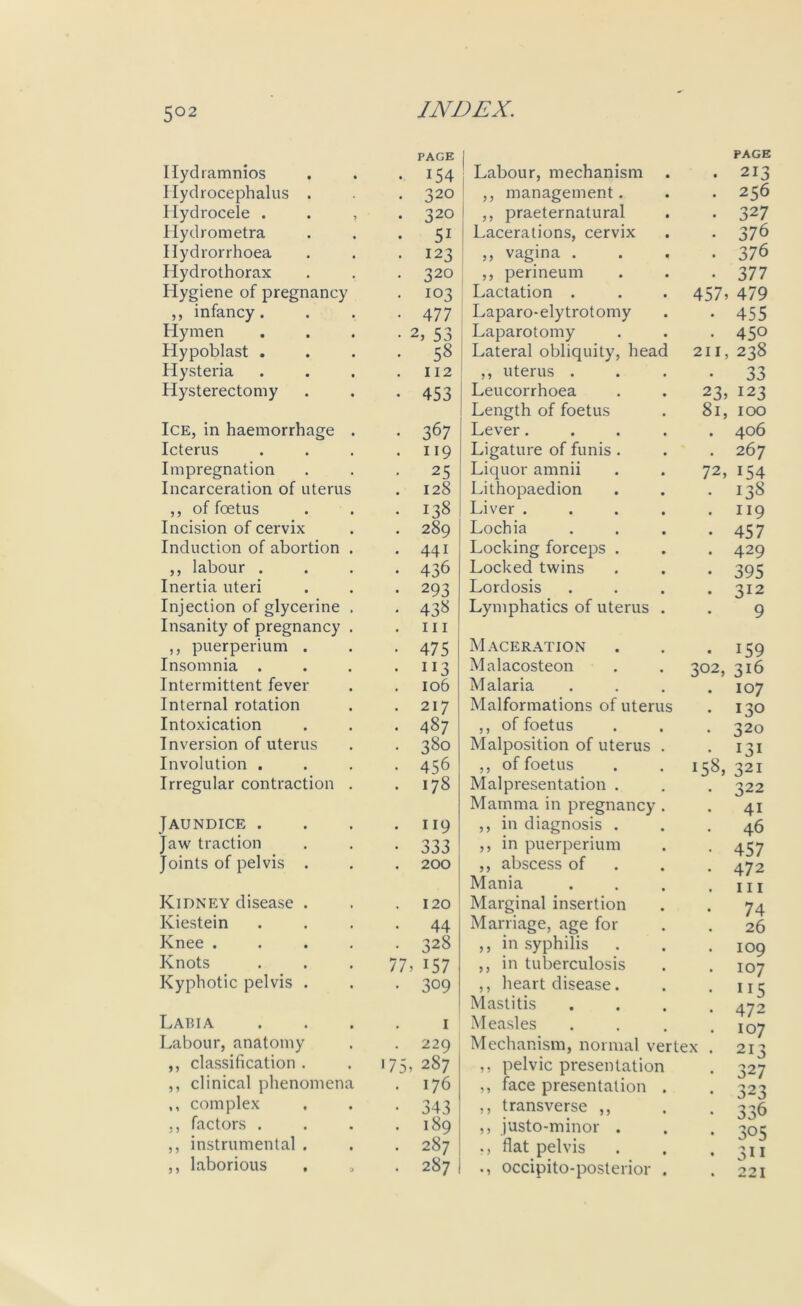 PAGE 1 PAGE I lydi amnios • 154 Labour, mechanism 213 Hydrocephalus . • 320 ,, management. 256 Hydrocele . . , . 320 ,, praeternatural 327 Hydrometra • 51 Lacerations, cervix 376 Hydrorrhoea • 123 ,, vagina . 376 Hydrothorax • 320 ,, perineum 377 Hygiene of pregnancy • 103 Lactation . 457, 479 ,, infancy. • 477 Laparo-elytrotomy 455 Hymen • 2, 53 Laparotomy 450 Hypoblast . • 58 Lateral obliquity, head 211, 238 Hysteria 112 ,, uterus . . 33 Hysterectomy • 453 Leucorrhoea 23, 123 Length of foetus 81, 100 Ice, in haemorrhage . • 367 Lever.... 406 Icterus . 119 Ligature of funis . 267 Impregnation • 25 Liquor amnii 72, 154 Incarceration of uterus 128 Lithopaedion 138 ,, of foetus . 138 Liver .... 119 Incision of cervix . 289 Lochia 457 Induction of abortion . . 441 Locking forceps . 429 ,, labour . • 436 Locked twins 395 Inertia uteri • 293 Lordosis 312 Injection of glycerine . • 438 Lymphatics of uterus . 9 Insanity of pregnancy . . 111 ,, puerperium . • 475 Maceration 159 Insomnia . • 113 Malacosteon 302, 316 Intermittent fever 106 Malaria 107 Internal rotation . 217 Malformations of uterus 130 Intoxication • 487 ,, of foetus 320 Inversion of uterus • 380 Malposition of uterus . 131 Involution . • 456 ,, of foetus 158, 321 Irregular contraction . . 178 Malpresentation . 322 Mamma in pregnancy . 41 Jaundice . . 119 ,, in diagnosis . 46 Jaw traction • 333 ,, in puerperium 457 Joints of pelvis . . 200 ,, abscess of 472 Mania hi Kidney disease . . 120 Marginal insertion 74 Kiestein • 44 Marriage, age for 26 Knee .... • 328 ,, in syphilis 109 Knots 77, 157 ,, in tuberculosis 107 Kyphotic pelvis . • 309 ,, heart disease. H5 Mastitis 472 Labia 1 Measles 107 Labour, anatomy . 229 Mechanism, normal vertex . 213 ,, classification . 175, 287 ,, pelvic presentation j 327 ,, clinical phenomena . 176 ,, face presentation . 323 ,, complex • 343 ,, transverse ,, 336 ,, factors . . 189 ,, justo-minor . J J 303 ,, instrumental . . 287 ., flat pelvis j j 311 ,, laborious . 287 occipito-posterior . J 221