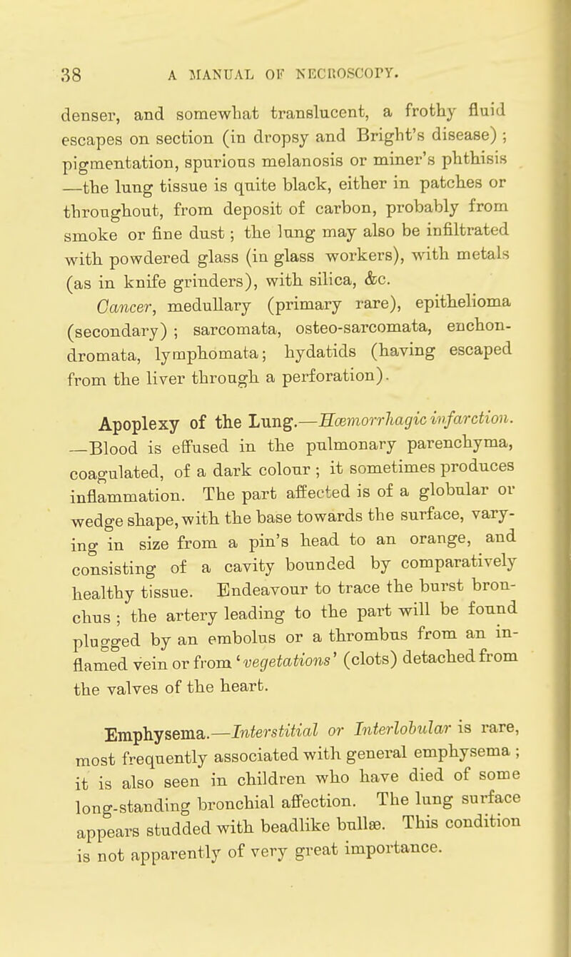 denser, and somewhat translucent, a frothy fluid escapes on section (in dropsy and Bright's disease) ; pigmentation, spurious melanosis or miner's phthisis the lung tissue is quite black, either in patches or throughout, from deposit of carbon, probably from smoke or fine dust; the lung may also be infiltrated with powdered glass (in glass workers), with metals (as in knife grinders), with silica, &c. Cancer, medullary (primary rare), epithelioma (secondary) ; sarcomata, osteo-sarcomata, enchon- dromata, lymphomata; hydatids (having escaped from the liver through a perforation). Apoplexy of the L-ang—Ecemorrhagicwfarction. —Blood is effused in the pulmonary parenchyma, coagulated, of a dark colour ; it sometimes produces inflammation. The part affected is of a globular or wedge shape, with the base towards the surface, vary- ing in size from a pin's head to an orange, and consisting of a cavity bounded by comparatively healthy tissue. Endeavour to trace the burst bron- chus ; the artery leading to the part will be found plugged by an embolus or a thrombus from an in- flamed vein or from' vegetations' (clots) detached from the valves of the heart. Emphysema.—Interstitial or Interlobular is rare, most frequently associated with general emphysema ; it is also seen in children who have died of some long-standing bronchial affection. The lung surface appears studded with beadlike bullae. This condition is not apparently of very great importance.