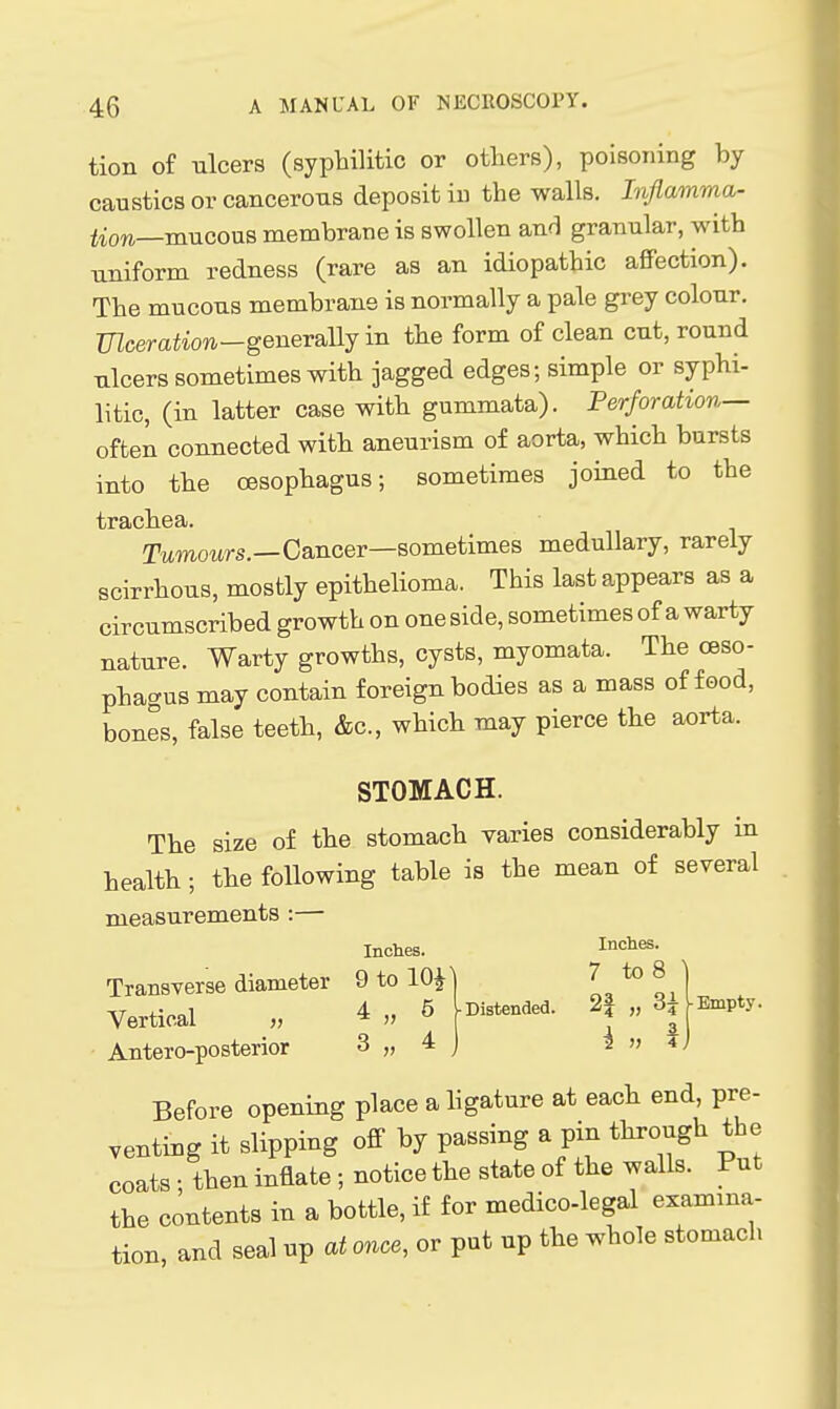 tion of ulcers (syphilitic or others), poisoning by caustics or cancerous deposit in the walls. Inflamma- ZioTC—mucous membrane is swollen anri granular, with uniform redness (rare as an idiopathic afiFection). The mucous membrane is normally a pale grey colour. ZTZceraiio^i-generallyin the form of clean cut, round ulcers sometimes with jagged edges; simple or syphi- litic, (in latter case with gummata). Perforation— often connected with aneurism of aorta, which bursts into the oesophagus; sometimes joined to the trachea. TttmoMrs.—Cancer—sometimes medullary, rarely scirrhous, mostly epithelioma. This last appears as a circumscribed growth on one side, sometimes of a warty nature. Warty growths, cysts, myomata. The oeso- phagus may contain foreign bodies as a mass of food, bones, false teeth, &c., which may pierce the aorta. STOMACH. The size of the stomach varies considerably in health; the following table is the mean of several measurements :— Inches. Inches. Transverse diameter 9 to 10^] L*°qi Vertical 4 „ 5 Uistended. 2| „ Empty. Antero-posterior 3 „ 4 j l » Before opening place a hgature at each end, pre- venting it slipping off by passing a pin through the coats • then inflate ; notice the state of the walls. Put the contents in a bottle, if for medico-legal examma- tion, and seal up at or^oe, or put up the whole stomach