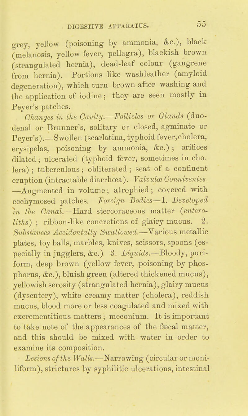 grey, yellow (poisoning by ammonia, &c.), black (melanosis, yellow fever, pellagra), blacldsh. brown (strangulated bernia), dead-leaf colour (gangrene from bernia). Portions like wasbleatber (amyloid degeneration), wbicb turn brown after washing and the application of iodine; they are seen mostly in Peyer's patches. Changes in the Cavity.—Follicles or Glands (duo- denal or Brunner's, solitary of closed, agminate or Peyer's).—Swollen (scarlatina, typhoid fever,cholera, erysipelas, poisoning by ammonia, &c.) ; orifices dilated; ulcerated (typhoid fever, sometimes in cho- lera) ; tuberculous; obliterated ; seat of a confluent eruption (intractable diarrhoea). Valvulce Conniventes. —Augmented in volume ; atrophied; covered with. ecchymosed patches. Foreign Bodies—1. Developed m the Canal.—Hard stercoraceous matter (entero- liths) ; ribbon-like concretions of glairy mucus. 2. Sulstances Accidentally iSwalloived.—Various metallic plates, toy balls, marbles, knives, scissors, spoons (es- pecially in jugglers, &c.) 3. Liguids.—Bloody, puri- form, deep brown (yellow fever, poisoning by phos- phorus, &c.), bluish green (altered thickened mucus), yellowish serosity (strangulated hernia), glairy mucus (dysentery), white creamy matter (cholera), reddish mucus, blood more or less coagulated and mixed with excrementitious matters ; meconium. It is important to take note of the appearances of the faecal matter, and this should be mixed with water in order to examine its composition. Lesions of the Walls.—Narrowing (circular or moni- liform), strictures by syphilitic ulcerations, intestinal