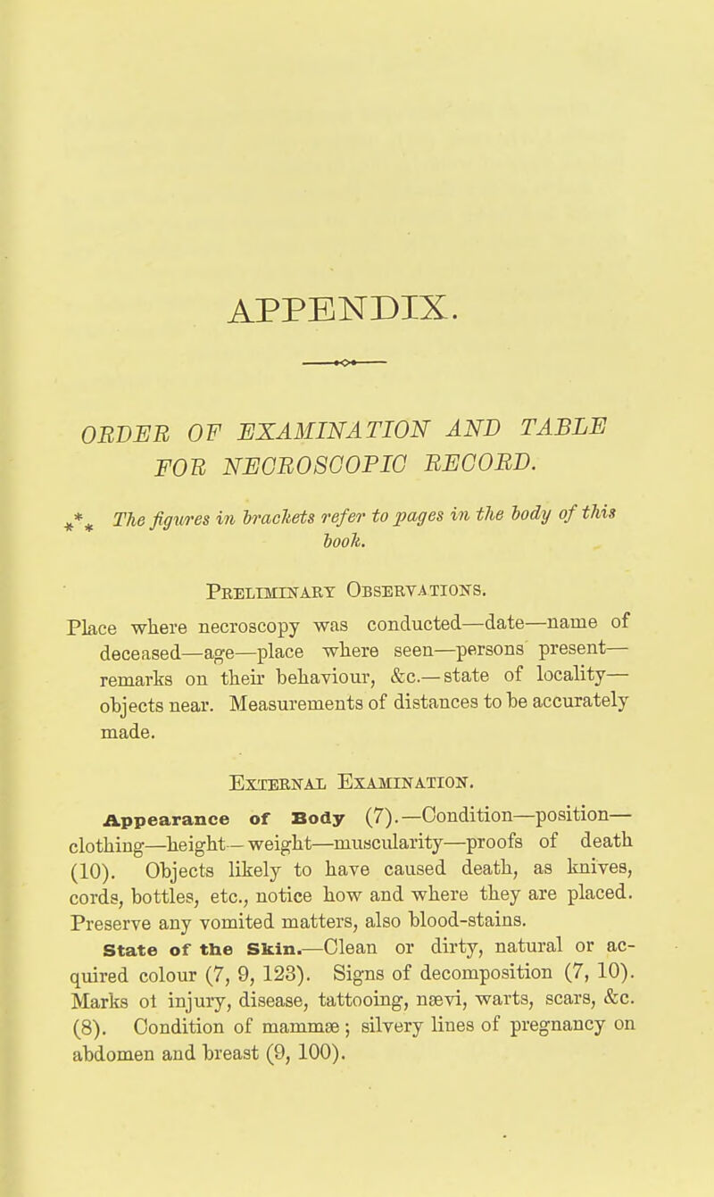 APPENDIX. OBVEB OF EXAMINATION AND TABLE FOE NBGB08G0PIG BECOBD. The Jigw-es in brackets refer to pages in the body of this booh. PrELIMIKART OBSBRVATIOlirS. Place wliere necroscopy was conducted—date—name of deceased—age—place where seen—persons present— remarks on their behaviour, &c.—state of locality— objects near. Measurements of distances to be accurately made. ExTERKAX Examination. Appearance of Body (7).—Condition—position— clothing—height - weight—muscularity—proofs of death (10). Objects likely to have caused death, as knives, cords, bottles, etc., notice how and where they are placed. Preserve any vomited matters, also blood-stains. State of the Skin.—Clean or dirty, natural or ac- quired colour (7, 9, 123). Signs of decomposition (7, 10). Marks ot injury, disease, tattooing, nsevi, warts, scars, &c. (8). Condition of mammse ; silvery lines of pregnancy on abdomen and breast (9, 100).