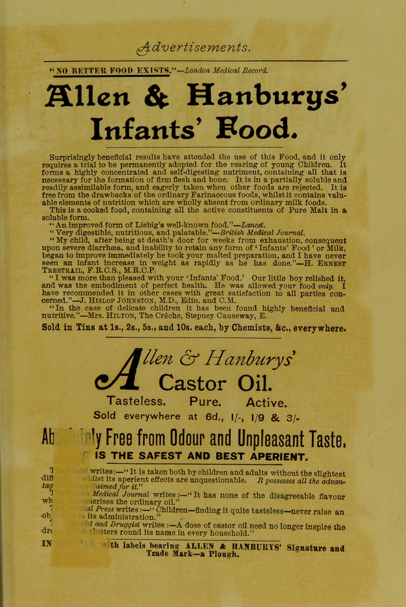 NO BETTER FOOD EXISTS.—London Medical Record. aUcn ^ Hanburgs* Infants' Bood* Surprisingly beneficial results have attended the use of this Food, and it only requires a trial to be permanently adopted for the rearing of young Children. It forms a highly concentrated and self-digesting nutriment, containing all that is necessary for the formation of firm flesh and bone. It is in a partially soluble and readily assimilable form, and eagerly taken when other foods are rejected. It is free from the drawbacks of the ordinary Farinaceous foods, whilst it contains valu- able elements of nutrition which are wholly absent from ordinary milk foods. This is a cooked food, containing all the active constituents of Pure Malt in a Boluble form. An improved form of Liebig'a well-known food.—Lancet.  Very digestible, nutritious, and palatable.—British Medical Journal.  My child, after being at death's door for weeks from exhaustion, consequent upon severe diarrhcea, and inability to retain any form of ' Infants' Food' or Milk, began to improve immediately he took your malted preparation, and I have never seen an infant increase in weight as rapidly as he has done.—H. Ernest Tkestrail, F.E.C.S., M.B.C.P.  I was more than pleased with your 'Infants' Food.' Our little boy relished it, and was the embodiment of perfect health. He was allowed your food mly. I have recommended it in other cases with great satisfaction to all parties con- cerned.—J. HiSLOP Johnston, M.D., Edin. and CM. In the case of delicate children it has been found highly beneficial and nutritive.—Mrs. Hilton, The Creche, Stepney Causeway, E. Sold in Tins at Is., 2s., 5s., and 10s. each, by Chemists, Sec, everywhere. J: Hlen & Hanburys Castor Oil. Tasteless. Pure. Active. Sold everywhere at 6d., I/-, 1/9 & 3/. Ab ' '^y Free from Odour and Unpleasant Taste. IS THE SAFEST AND BEST APERIENT, 2 writes:— It is taken both by children and adults without the slightest ■alfl list its aperient effects are unquestionable. U possesses all the advan- tag aimed for it. 2 Medical Journal writes:— It has none of the disagreeable flavour ■wn lerises the ordinary oil. Ji al Press writes:— Children—finding it quite tasteless—never raise an •Ob_; its administration. , ''■ ^ Druggist writes :—A dose of castor oil need no longer inspire the ^rt • Hers round its name in every household. ' th labels bearlner ALLEN A HANBURYS* Signature and Trade Mark—a Ploagh.