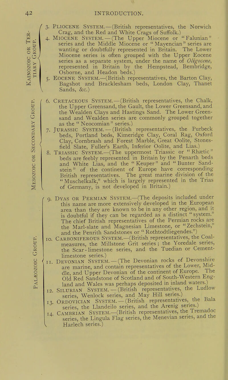 Pliocene System.—(British representatives, the Norwich Crag, and the Red and White Crags of Suffolk.) Miocene System. — (The Upper Miocene or Falunian series and the Middle Miocene or Mayencian series are wanting or doubtfully represented in Britain. The Lower Miocene series is often grouped with the Upper Eocene series as a separate system, under the name of Oligocene, represented in Britain by the Hempstead, Bembridge, Osborne, and Headon beds.) Eocene System.—(British representatives, the Barton Clay, Bagshot and Bracklesham beds, London Clay, Thanet Sands, &c.) Cretaceous System.—(British representatives, the Chalk, the Upper Greensand, the Gault, the Lower Greensand, and the Wealden Clays and Hastings Sand. The Lower Green- sand and Wealden series are commonly grouped together as the  Neocomian series.) Jurassic System. — (British representatives, the Purbeck beds, Portland beds, Kimeridge Clay, Coral Rag, Oxford Clay, Cornbrash and Forest Marble, Great Oolite, Stones- field Slate, Fuller's Earth, Inferior OoHte, and Lias.) Triassic System.—(The uppermost Triassic or  Rhsetic  beds are feebly represented in Britain by the Penarth beds and White Lias, and the  Keuper and  Bunter Sand- stein  of the continent of Europe have corresponding British representatives. The great marine division of the  Muschelkalk, which is largely represented in the Trias of Germany, is not developed in Britain.) Dyas or Permian System.—(The deposits included under this name are more extensively developed in the European area than they are known to be in any other region, and it is doubtful if they can be regarded as a distinct  system. The chief British representatives of the Permian rocks are the Marl-slate and Magnesian Limestone, or Zechstein, and the Penrith Sandstones or  Rothtoddiegendes.) Carboniferous System.—(British representatives, the Coal- measures, the Millstone Grit series ; the Yoredale series, the Scar-limestone series, and the Tuedian or Cement- limestone series.) Devonian System.— (The Devonian rocks of Devonshire are marine, and contain representatives of the Lower, Mid- dle, and Upper Devonian of the continent of Europe. The Old Red Sandstone of Scotland and of South-Western Eng- land and Wales was perhaps deposited in inland waters.) Silurian System. — (British representatives, the Ludlow series, Wenlock series, and May Hill series.) Ordovician System. —(British representatives, the Bala series, the Llandeilo series, and the Arenig series.) CUMBRIAN System.—(British representatives, the Tremadoc series, the Lingula Flag series, the Menevian series, and the Harlech series.)