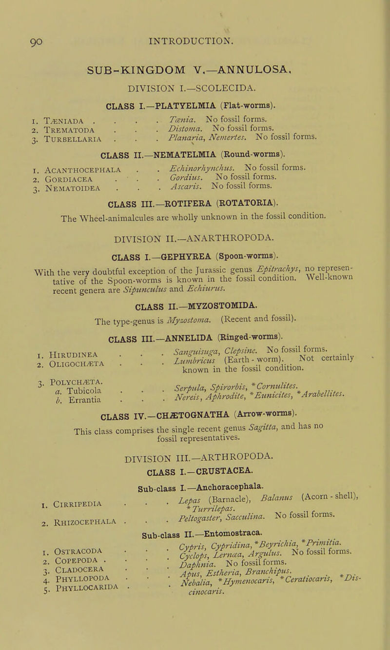 SUB-KINGDOM V.—ANNULOSA, DIVISION I.—SCOLECIDA. CLASS I.—PLATYELMIA (Flat-worms). 1. T^ENIADA .... Taiiia. No fossil forms. 2. Trematoda . . . Distoma. No fossil forms. TuRBELLARiA . . . Planaria, Nemertes. No fossil forms. CLASS II.—NEMATELMIA (Round--wonns). I. ACANTHOCEPHALA . . Echinorhyiichns. No fossil forms. 2. GoRDiACEA . . . Gordius. No fossil forms. Nematoidea . . . Ascaris. No fossil forms. CLASS III.—ROTIFERA (EOTATORIA). The Wheel-animalcules are wholly unknown in the fossil condition. DIVISION II.—ANARTHROPODA. CLASS I.—GEPHYREA (Spoon-worms). With the very doubtful exception of the Jurassic genus Epitrachys, no represen- tative of the Spoon-worms is known in the fossil condition. Well-known recent genera are Sipuncuhis and Echhinis. CLASS II.—MYZOSTOMIDA. The type-genus is Myzostoina. (Recent and fossil). CLASS III.—ANNELIDA (Ringed-worms). T TIirudinea . . . Sangiiisiiga, Ckpsme. No fossil forms. \' OTfrocHiTA . Lnmbricus (Earth-worm). Not certainly 2. Oligoch^.ta . ^^^^^ ^Q^dition. ^ TTuSa . . . SerpHla,Spirorbts,*Cormdites b. Erranda . . • Nereis, AphrodiU, *Etmicites, *Arabelhtes. CLASS IV.—CHiETOGNATHA (Arrow-worms). This class comprises the single recent genus Sagitta, and has no fossil representatives. DIVISION III.—ARTHROPODA. CLASS I.-CRUSTACEA. Sub-class I.—Anchoracephala. T CIRRIPEDIA . . . Lepas (Barnacle), Balanus (Acorn - shell), * Turitlepas. 2. RHIZOCEPHALA . • • PeUogastcr, Sacculina. No fossil forms. Sub-class II.—Entomostraca. Cvfiris Cypridina, *Beyrichia, *Primitia. 1. OSTRACODA . . • ^cZloP Lerncea, Argtdus. No fossil forms. 2. COPEPODA . . • • No fossil forms. 3. Cladocera . • • J E,theria, Branchipus. _ 4. PHYLLOPODA • • • )• *ffy„,e„ocaris, *Ceratiocarts, *Dis- 1: PhYLLOCARIDA . • > 5. inii-i- cmocaris.