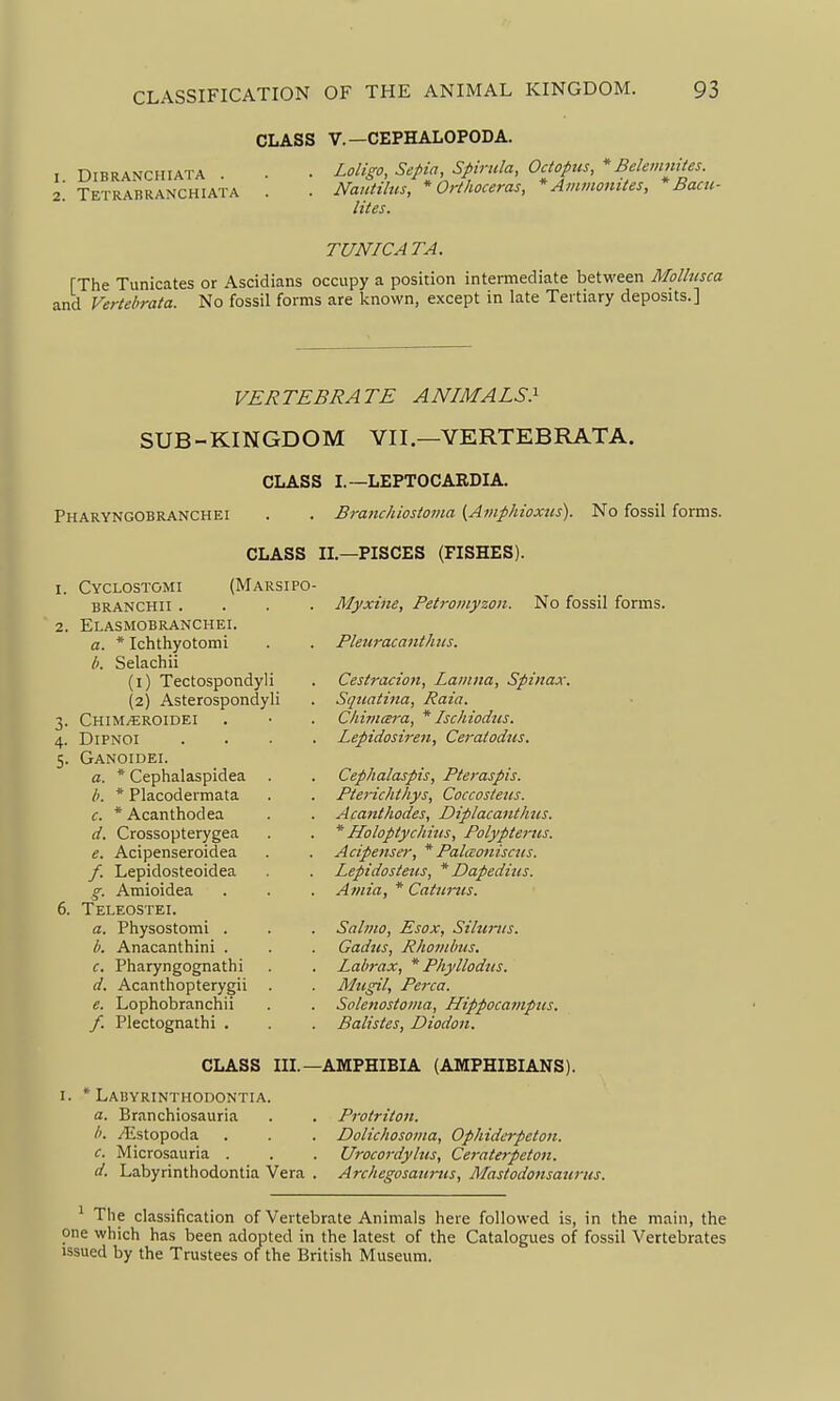 CLASS v.—CEPHALOPODA. I DIBRANCHIATA . . ■ Loligo, Sepia, Spirula, Octopus, *Belemnites. 2. Tetrabranchiata . . Nautilus, * Ort hoc eras, * Ammonites, Bacu- lites. TUNICATA. [The Tunicates or Ascidians occupy a position intei-mediate between Mollnsca and Vertebrata. No fossil forms are known, except in late Tertiary deposits.] VERTEBRATE ANIMALS} SUB-KINGDOM VII—VERTEBRATA. CLASS I.—LEPTOCARDIA. Pharyngobranchei . . Branchlostoma {Amphioxiis). No fossil forms. Cyclostomi branchii . Elasmobranchei. a. * Ichthyotomi /). Selachii (1) Tectospondyl (2) Asterospondyli ChIM/€ROIDEI Dipnoi Ganoidei. a. * Cephalaspidea /). * Placodermata c. *Acanthodea d. Crossopterygea e. Acipenseroidea /. Lepidosteoidea g. Amioidea Teleostei. a. Physostomi . 6. Anacanthini . c. Pharyngognathi (i. Acanthopterygii e. Lophobranchii /. Plectognathi . CLASS IL—PISCES (FISHES). (Marsipo- Myxine, Petromyzoii. No fossil forms. Pleuracanth us. Cesiracion, Lamna, Sfinax. Squatina, Raia. Chimara, * Ischiodiis. Lepidosireii, Ceraiodits. Cephalaspis, Pteraspis. Ptei-ichthys, Coccosteus. Acanthodes, DiplacantJms. * Holoptyclmis, Polypteriis. Acipetiser, * Pahwniscjis. Lepidosteus, * Dapeditcs. Amia, * Cat2ti~iis. Salmo, Esox, Sihmis. Gadtis, Rhombus. Labrax, * Phyllodus. Mugil, Perca. Solenostonia, Hippocampus. Batistes, Diodon. CLASS IIL—AMPHIBIA (AMPHIBIANS). I. * Lauyrinthodontia. a. Branchiosauria /Estopoda c. Microsauria . d. Labyrinthodontia Vera . Protritou. Dolicliosoma, Ophiderpeton. Urocordylus, Ceraterpeton. Archegosaunis, Alastodotisattrus. The classification of Vertebrate Animals here followed is, in the main, the one which has been adopted in the latest of the Catalogues of fossil Vertebrates issued by the Trustees of the British Museum.