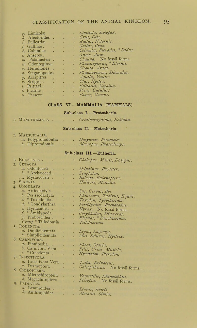 ^. Limicote //. Alectorides . i. Fulicarice J. Gallinre. /6. Columbje /. Anseres. Palamedeoe . n. Odontoglossi 0. Herodiones . p. Steganopodes (/. Accipitres r. Striges . ^. Psittaci . /. Picarias . u. Passeres Limicola, Scolopax. Grus, Otis. Rallus, Notomis. Callus, Crax. Columha, Pterocles, * Didus. Anser, Anas. Chauna. No fossil forms. P/imicopteriis, * Elornis. Ciconia, Ardea. Phalacrocorax, Diotnedea. Aqtiila, Vtiltur. Olus, iSfyctea. Psittacus, Cacattia. Picits, Cuailus.' Passer, Comis. CLASS VI.—MAMMALIA (MAMMALS). Sub-class I.—Prototheria. I. MONOTREMATA . . Oniithorhynchus, Echidna. Sub-class II.—Metatheria. I. Marsupialia. a. Polyprotodontia . b. Diprotodontia Sub 1. Ede.ntata . 2. Cetacea. a. Odontoceti . h. * Archseoceti. . c. Mystacoceti . 3. SiRENIA 4. Ungulata. a. Artiodactyla . /'. Perissodactyla c. * Toxodontia. d. * Condylarthra e. Hyracoidea . f. * Amblypoda g. Proboscidea . Group * Tillodontia . 5. RODENTIA. a. Duplicidentata Simplicidentata 6. Carnivora. a. Pinnipedia . /'. Carnivora Vera c. * Creodonta . 7- Insectivora. a. Insectivora Vera . i. Dermoptera . 8. CHIKOP'IEKA. a. Microchiroptera . Megachiroptera 9- Primates. a. Lemuroidea . />• Anthropoidea Dasytcrus, Perameles. Macropiis, Phascolcinys. class III.—Eutheria. ■ CkolcEptcs, Manis, Dasypus. Delphiiiiis, Physeter. Zeiiglodoii. . BalcBna, Balaiioptera. . Halicore, Manatus. Sus, Cervus, Bos. . Rhinocei-os, Tapirus, Eqiius. Toxodon, Typotherinin. . Periptychus, Phenacodus. . Hyrax. No fossil forms. Cotyphodon, Dinoceras. . Elephas, * Dinotherium. Tillotheriiim. . Lepns, Lagoinys. . Mas, Sciiirtis, Bysirix. . Phoca, Oiaria. . Felis, Ursns, Mustela. . Hyanodon, Plerodon. Talpa, Erinaceus. . Galeopithecns. No fossil forms. . Vesperiilio, Rhinolophtts. . Pleroptcs. No fossil forms. . Lemur, Indris. Alacacus. Simia.