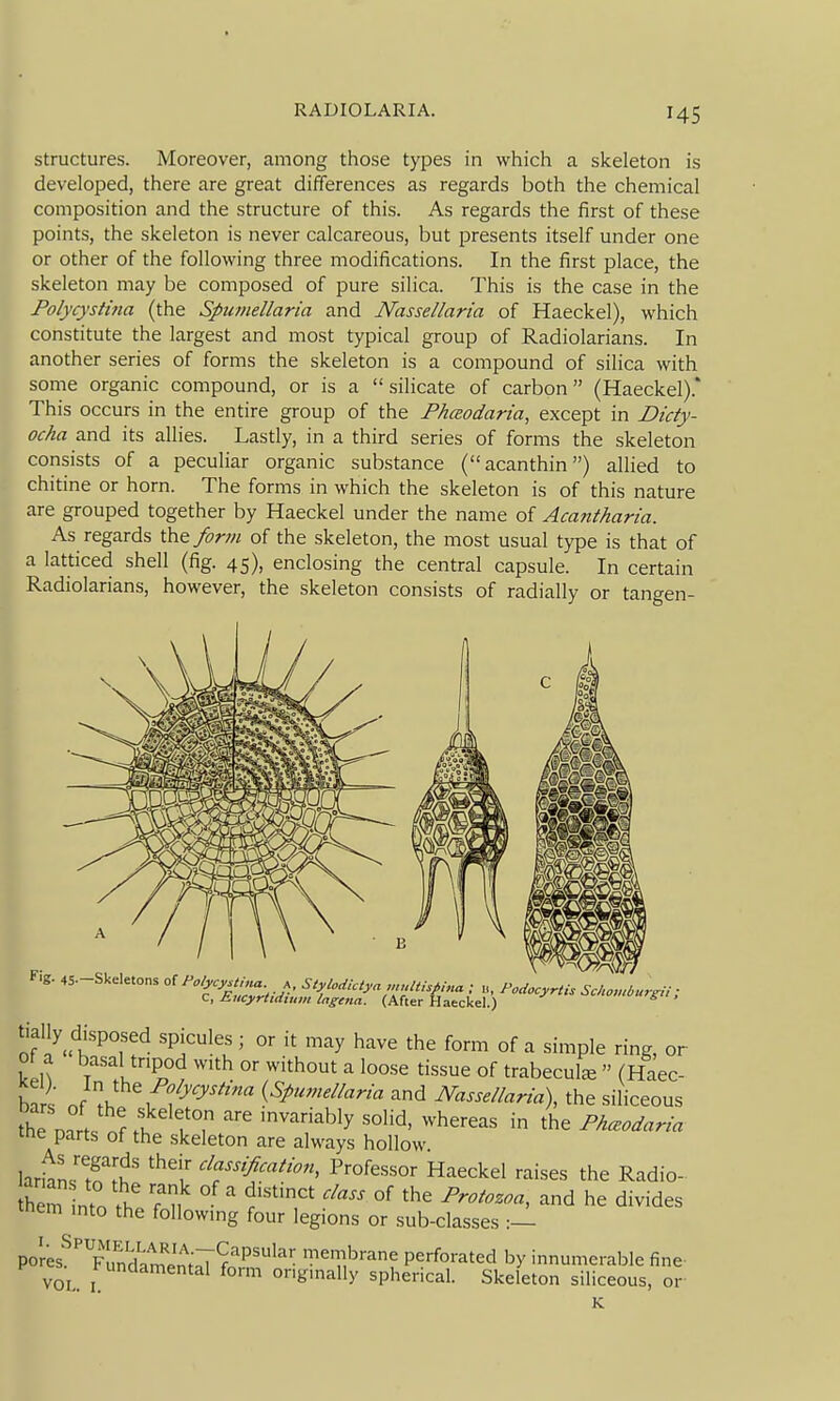 Structures. Moreover, among those types in which a skeleton is developed, there are great differences as regards both the chemical composition and the structure of this. As regards the first of these points, the skeleton is never calcareous, but presents itself under one or other of the following three modifications. In the first place, the skeleton may be composed of pure silica. This is the case in the Folycystina (the Spumellaria and Nassellaria of Haeckel), which constitute the largest and most typical group of Radiolarians. In another series of forms the skeleton is a compound of silica with some organic compound, or is a silicate of carbon (Haeckel).* This occurs in the entire group of the Phceodaria, except in Didy- ocha and its allies. Lastly, in a third series of forms the skeleton consists of a peculiar organic substance (acanthin) allied to chitine or horn. The forms in which the skeleton is of this nature are grouped together by Haeckel under the name of Acantharia. As regards the form of the skeleton, the most usual type is that of a latticed shell (fig. 45), enclosing the central capsule. In certain Radiolarians, however, the skeleton consists of radially or tangen- Fig. 45.—Skeletons of Folycystina. , Jincyrtidiiim Ingena. (After Haeckel.) * Of ^' ! ' ^''^^^ Of '-i Simple ring, or of a basal tnpod with or without a loose tissue of trabecule  (Haec- bar. f'^yy^^''^' {Spumellaria and Nassellaria), the siliceous the nnrl f 1 '^'-^^bly solid, whereas in the Phceodaria tne parts of the skeleton are always hollow lariaLT^? '^I' 't?'^'''' Haeckel raises the Radio- hem nfn Ih' ?u ' °f ^'''^'^ '-^d he divides them mto the following four legions or sub-classes :— Vor^i^^Y^^A^-^^tZ^^^ membrane perforated by innumerable fine- VOL. ongmally spherical. Skeleton siliceous, or K