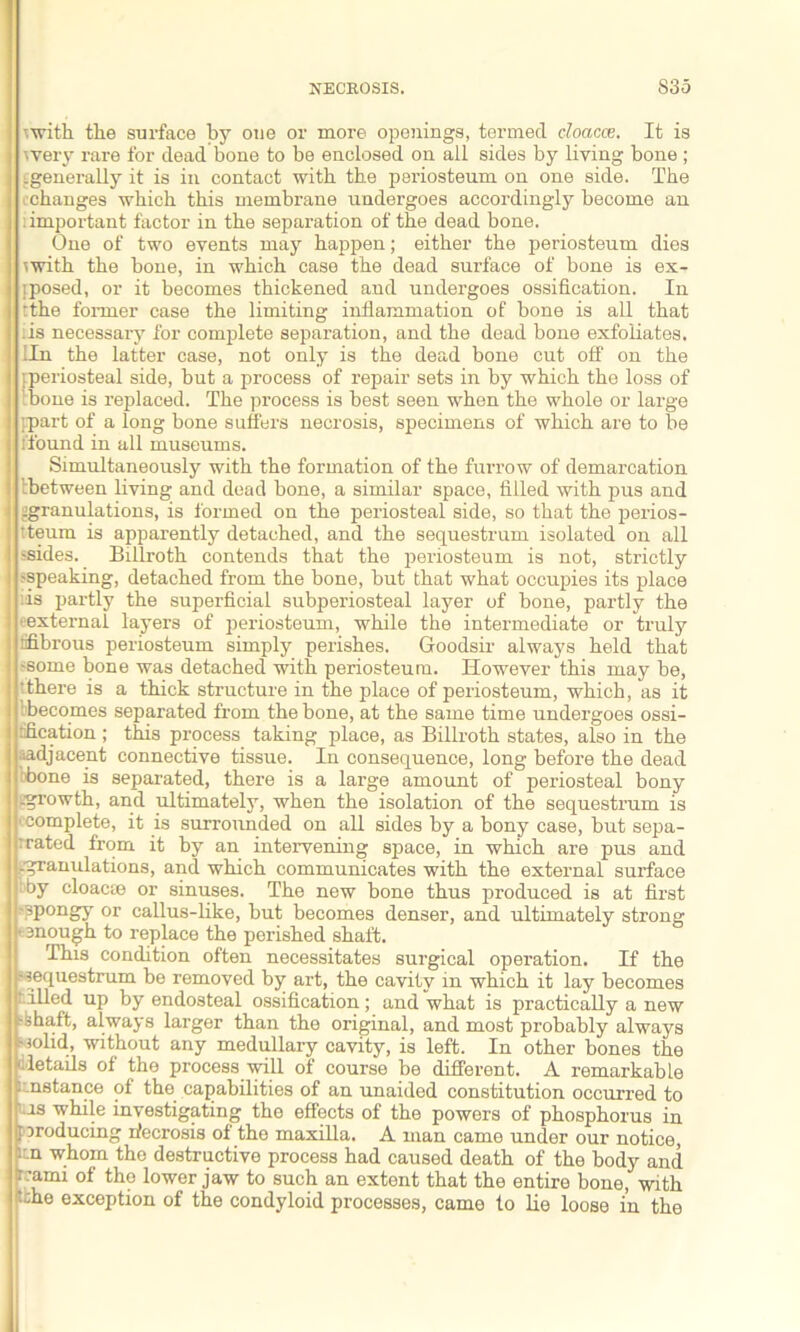 with the surface by one or more openings, termed doacce. It is ivery rare for dead bone to he enclosed on all sides by living bone ; ^generally it is in contact with the periosteum on one side. The changes which this membrane undergoes accordingly become an : important factor in the separation of the dead bone. One of two events may happen; either the periosteum dies with the bone, in which case the dead surface of bone is ex- fposed, or it becomes thickened and undergoes ossification. In i rthe former case the limiting inflammation of bone is all that :is necessary for complete separation, and the dead bone exfoliates. Iln the latter case, not only is the dead bone cut off on the fperiosteal side, but a process of repair sets in by which the loss of i bone is replaced. The process is best seen when the whole or large ppart of a long bone suffers necrosis, specimens of which are to be ifound in all museums. Simultaneously with the formation of the furrow of demarcation ihetween living and dead bone, a similar space, filled with pus and sgranulations, is formed on the periosteal side, so that the perios- tteum is apparently detached, and the sequestrum isolated on all •sides. Billroth contends that the periosteum is not, strictly •speaking, detached from the bone, but that what occupies its place ds partly the superficial subperiosteal layer of bone, partly the eexternal layers of periosteum, while the intermediate or truly iifibrous periosteum simply perishes. Goodsir always held that ■some bone was detached with periosteum. However this may be, 'there is a thick structure in the place of periosteum, which, as it becomes separated from the bone, at the same time undergoes ossi- fication ; this process taking place, as Billroth states, also in the •adjacent connective tissue. In consequence, long before the dead bone is separated, there is a large amount of periosteal bony sgrowth, and ultimately, when the isolation of the sequestrum is ' complete, it is surrounded on all sides by a bony case, but sepa- rated from it by an intervening space, in which are pus and -granulations, and which communicates with the external surface by cloacte or sinuses. The new bone thus produced is at first '?Pongy or callus-like, but becomes denser, and ultimately strong enough to replace the perished shaft. This condition often necessitates surgical operation. If the ‘sequestrum be removed by art, the cavity in which it lay becomes tolled up by endosteal ossification; and what is practically a new •shaft, always larger than the original, and most probably always •solid, without any medullary cavity, is left. In other bones the details of the process will of course be different. A remarkable -instance of the capabilities of an unaided constitution occurred to i.os while investigating the effects of the powers of phosphorus in f producing rfecrosis of the maxilla. A man came under our notice, i:n whom tho destructive process had caused death of the body and T:ami of tho lower jaw to such an extent that the entire bone, with tshe exception of the condyloid processes, came to lie loose in the